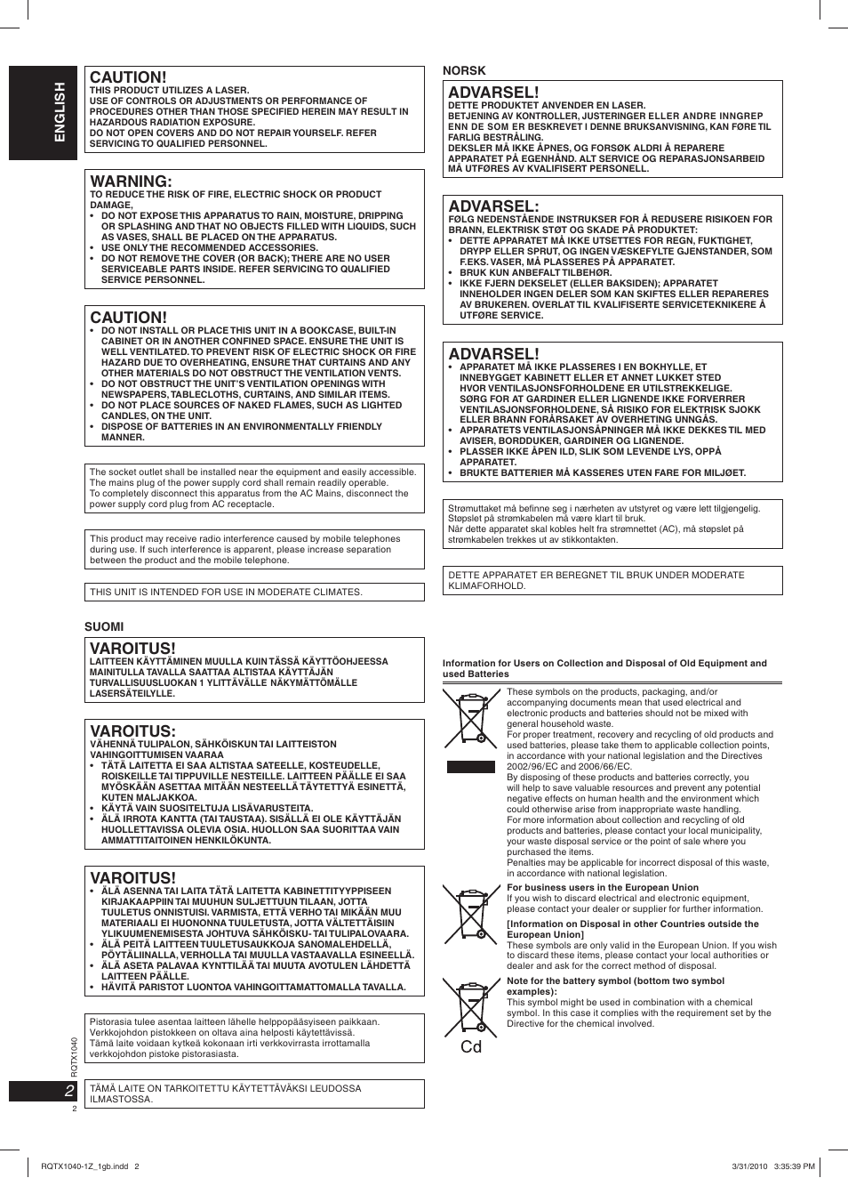 Caution, Warning, Varoitus | Advarsel | Panasonic RXD45EG User Manual | Page 2 / 20