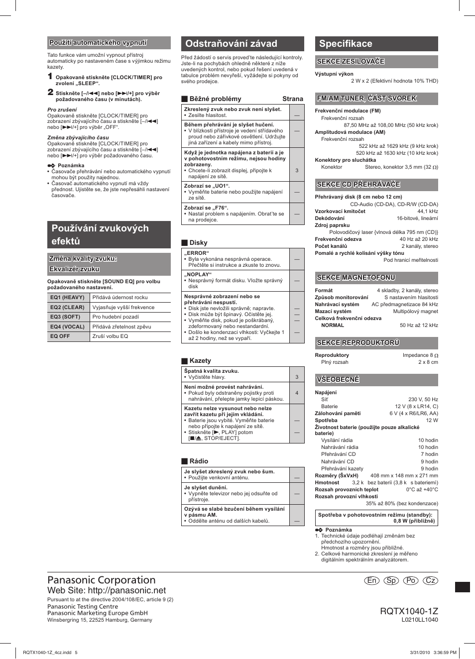 Používání zvukových efektů, Odstraňování závad, Specifi kace | Panasonic RXD45EG User Manual | Page 20 / 20