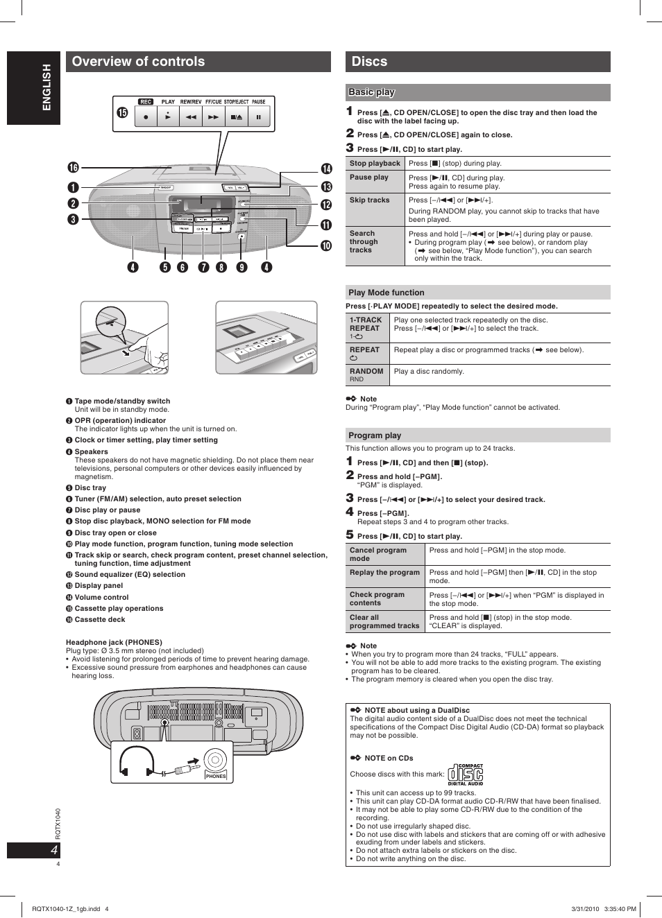 Overview of controls, Discs | Panasonic RXD45EG User Manual | Page 4 / 20