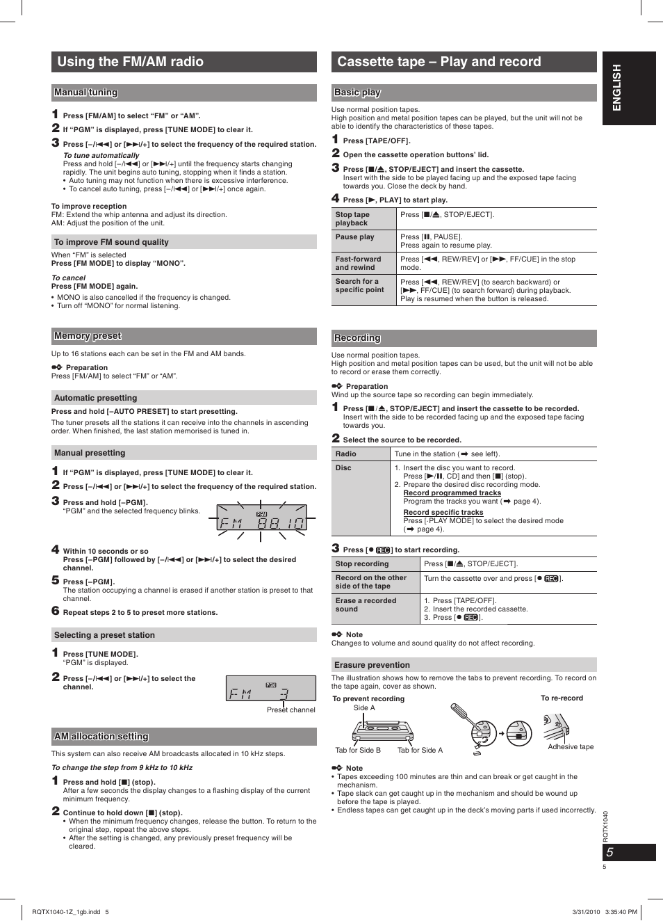 Using the fm/am radio, Cassette tape – play and record | Panasonic RXD45EG User Manual | Page 5 / 20