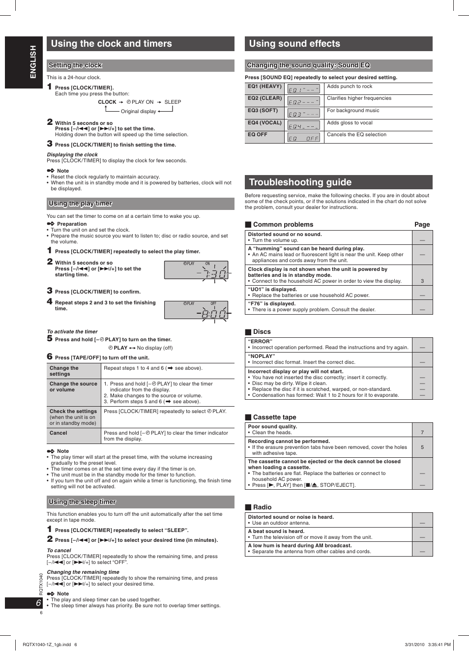 Using the clock and timers, Using sound effects, Troubleshooting guide | Panasonic RXD45EG User Manual | Page 6 / 20