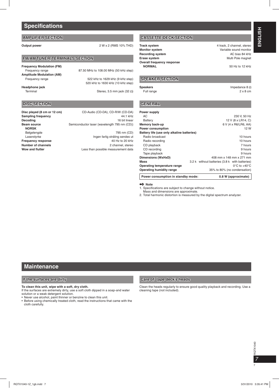 Specifi cations, Maintenance | Panasonic RXD45EG User Manual | Page 7 / 20