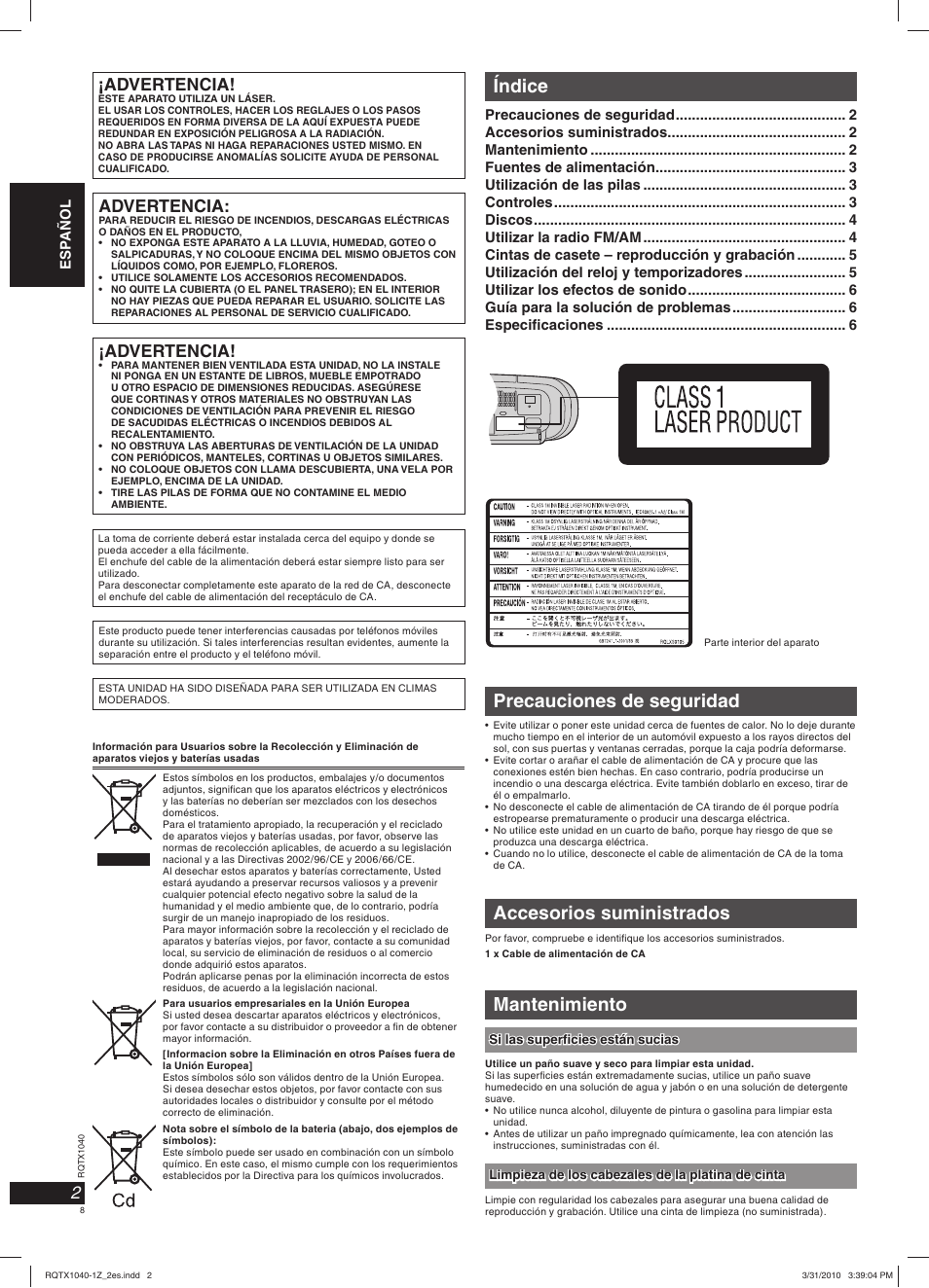 Precauciones de seguridad, Índice, Accesorios suministrados | Mantenimiento, Advertencia | Panasonic RXD45EG User Manual | Page 8 / 20