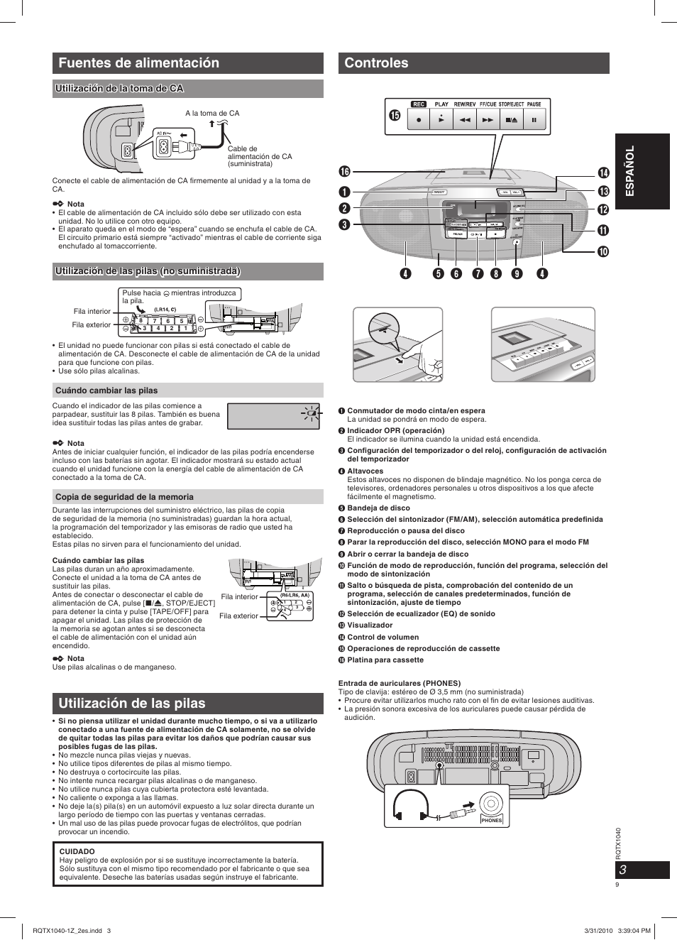 Fuentes de alimentación, Utilización de las pilas, Controles | Panasonic RXD45EG User Manual | Page 9 / 20
