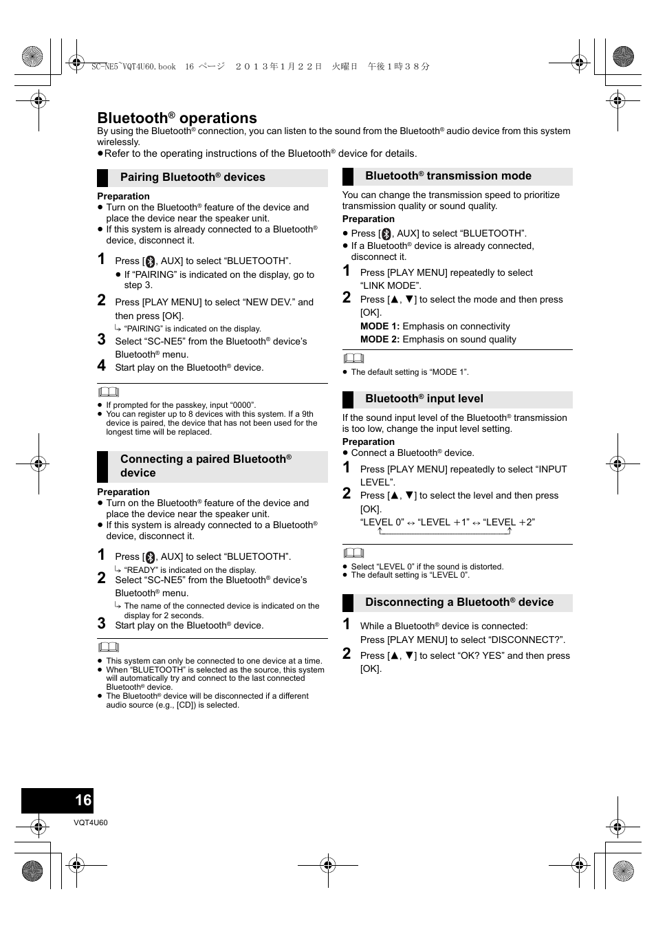 Bluetooth, Operations | Panasonic SCNE5EG User Manual | Page 16 / 88