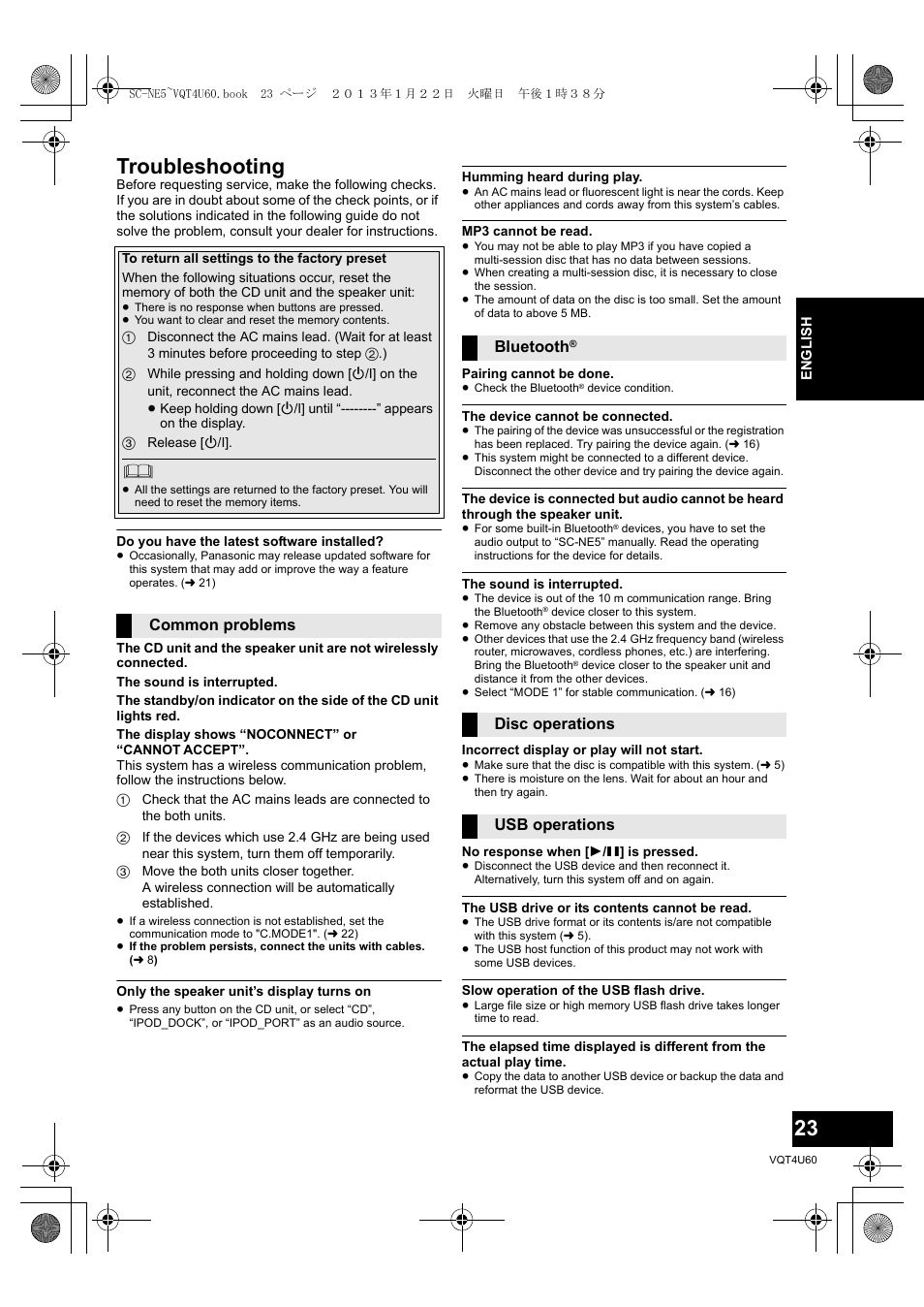 Troubleshooting, Common problems bluetooth, Disc operations usb operations | Panasonic SCNE5EG User Manual | Page 23 / 88