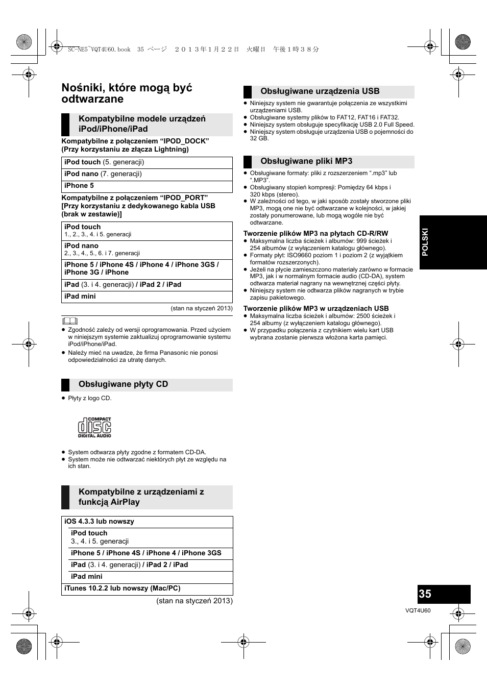 Nośniki, które mogą być odtwarzane | Panasonic SCNE5EG User Manual | Page 35 / 88