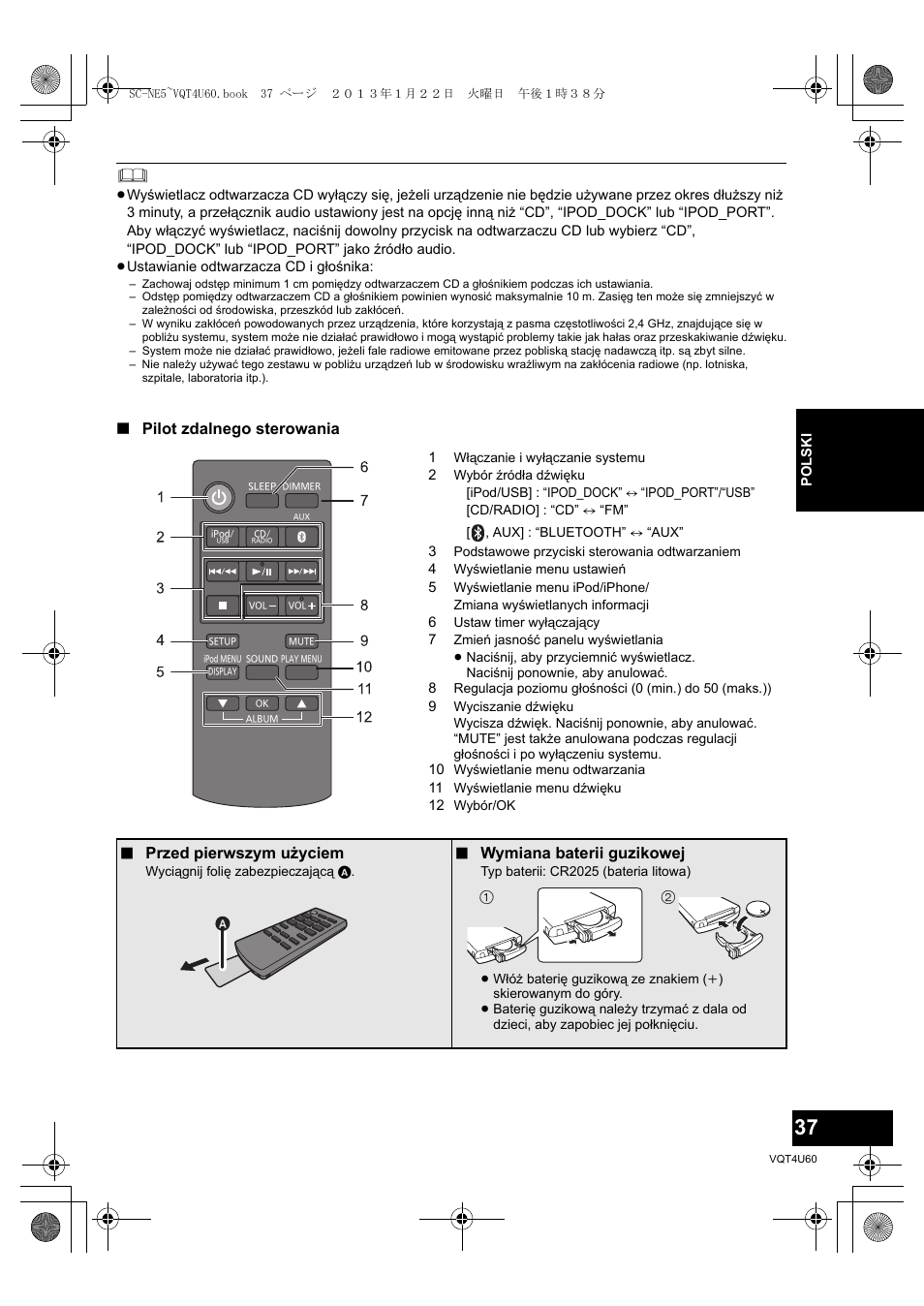 Pilot zdalnego sterowania, Przed pierwszym użyciem, Wymiana baterii guzikowej | Panasonic SCNE5EG User Manual | Page 37 / 88
