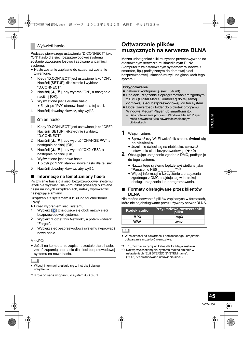 Odtwarzanie plików muzycznych na serwerze dlna | Panasonic SCNE5EG User Manual | Page 45 / 88