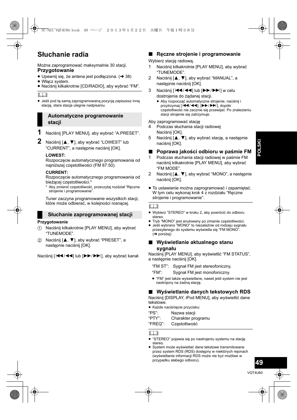 Słuchanie radia | Panasonic SCNE5EG User Manual | Page 49 / 88