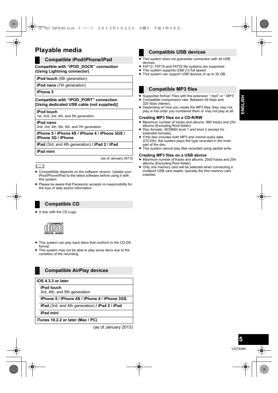 Playable media, Compatible ipod/iphone/ipad, Compatible cd compatible airplay devices | Compatible usb devices compatible mp3 files | Panasonic SCNE5EG User Manual | Page 5 / 88