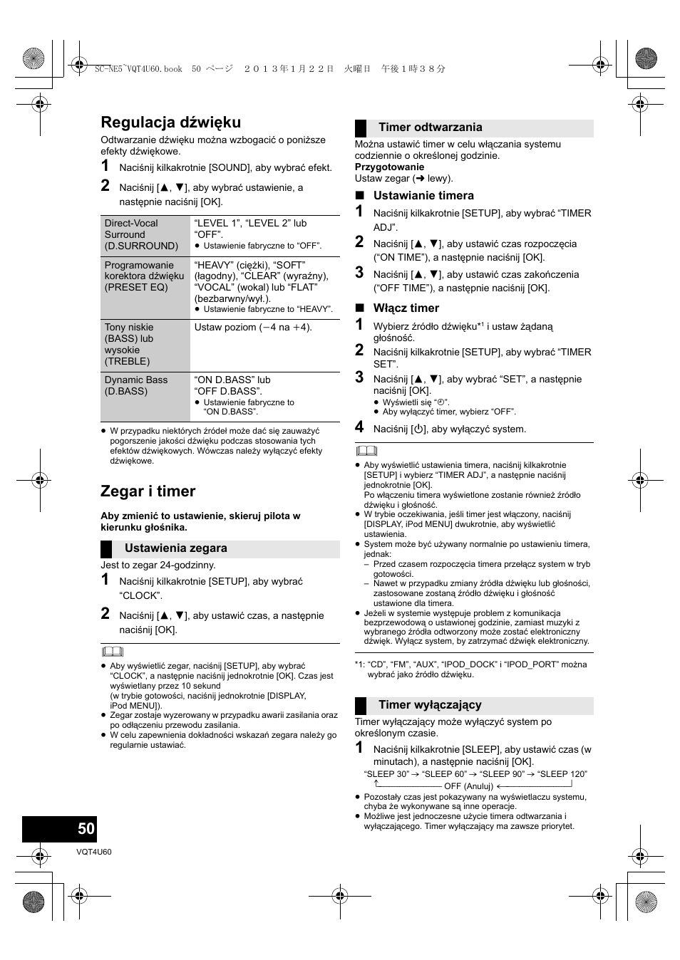 Regulacja dźwięku, Zegar i timer | Panasonic SCNE5EG User Manual | Page 50 / 88