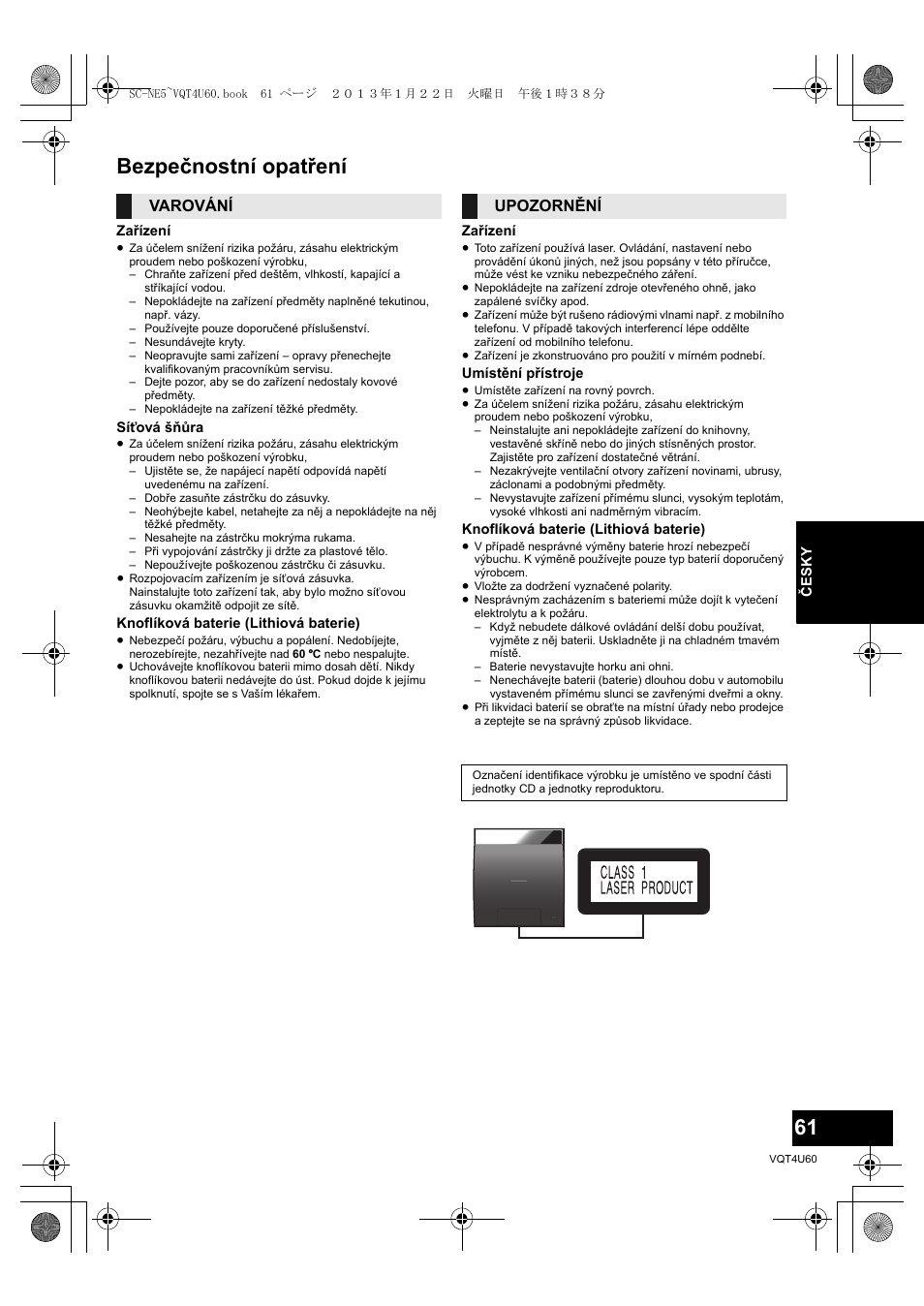 Bezpečnostní opatření, Varování upozornění | Panasonic SCNE5EG User Manual | Page 61 / 88