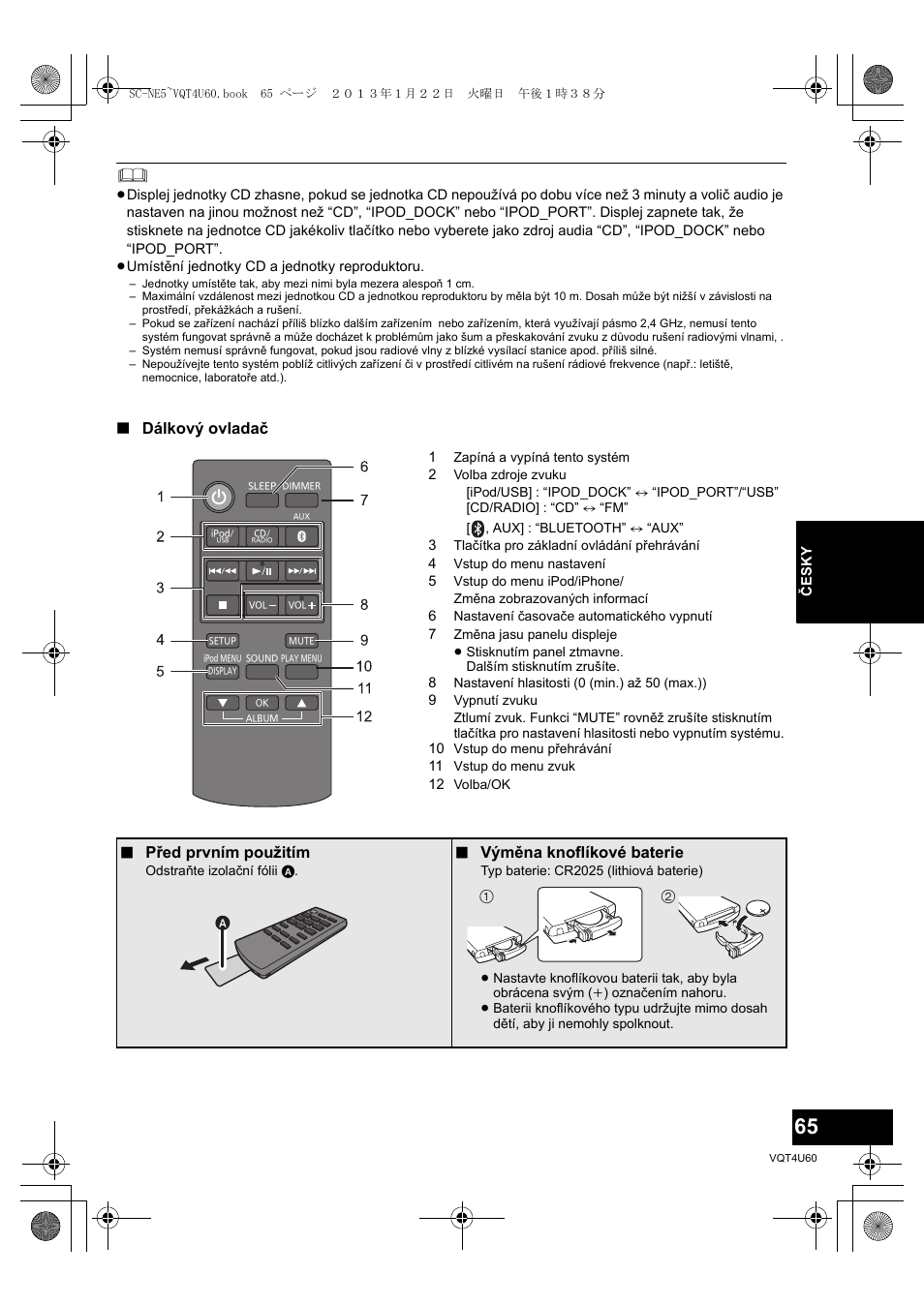 Dálkový ovladač, Před prvním použitím, Výměna knoflíkové baterie | Panasonic SCNE5EG User Manual | Page 65 / 88