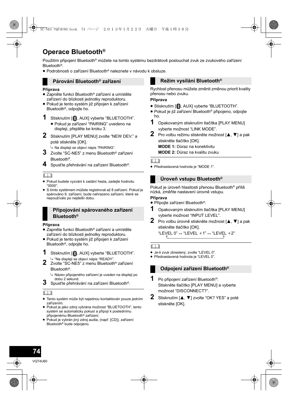 Operace bluetooth | Panasonic SCNE5EG User Manual | Page 74 / 88