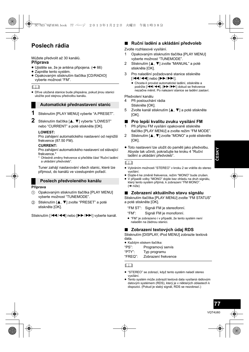 Poslech rádia | Panasonic SCNE5EG User Manual | Page 77 / 88