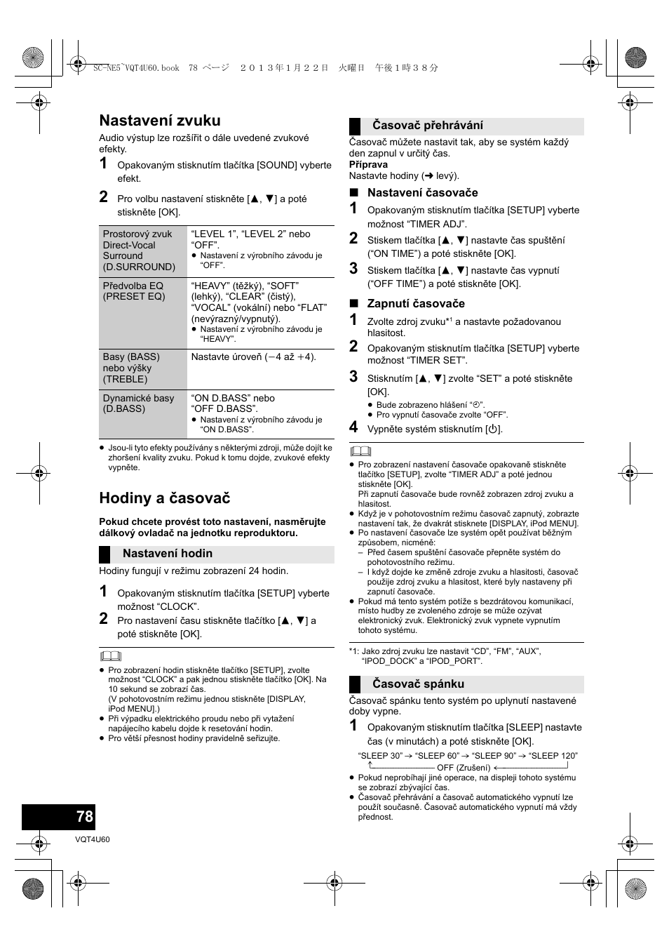 Nastavení zvuku, Hodiny a časovač | Panasonic SCNE5EG User Manual | Page 78 / 88