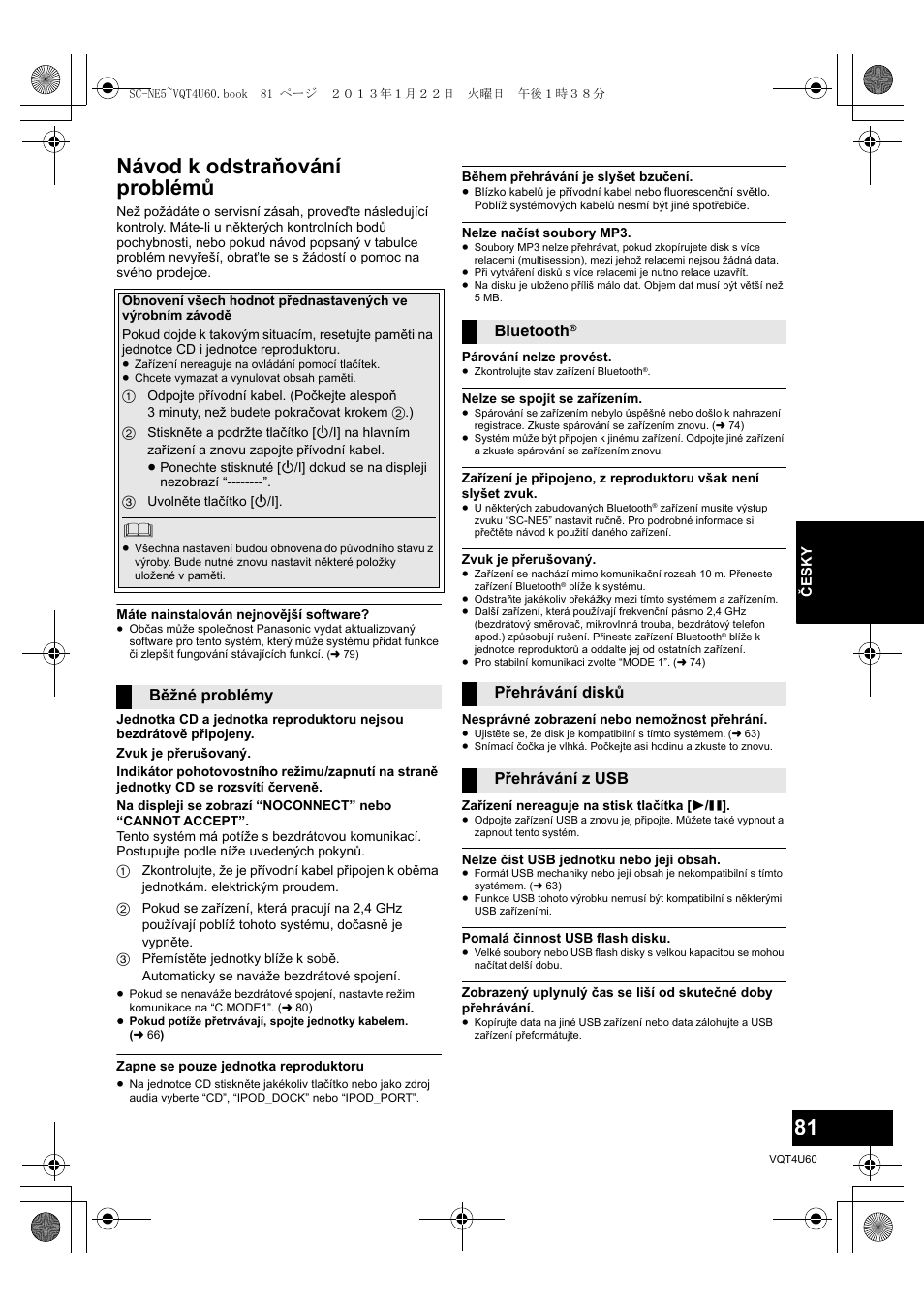 Návod k odstraňování problémů, Běžné problémy bluetooth, Přehrávání disků přehrávání z usb | Panasonic SCNE5EG User Manual | Page 81 / 88