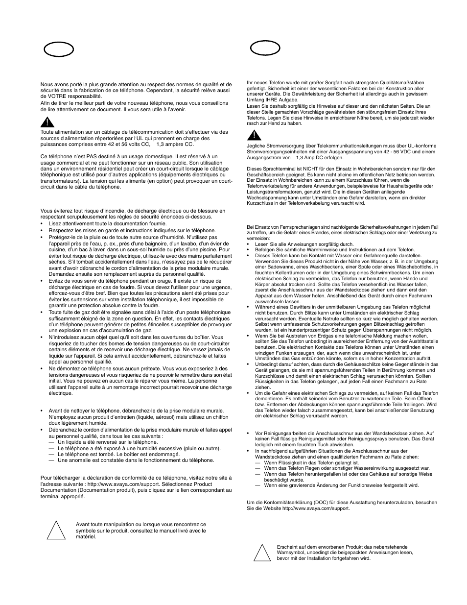 Consignes de securite, Conseils d’utilisation, Conseils d’entretien | Déclaration de conformité, Wichtige sicherheitshinweise, Einsatz, Wartung, Konformitätserklärung, Conservez ce document wichtige sicherheitshinweise, Diese anweisungen unbedingt aufbewahren | Avaya 555-233-168 User Manual | Page 2 / 14