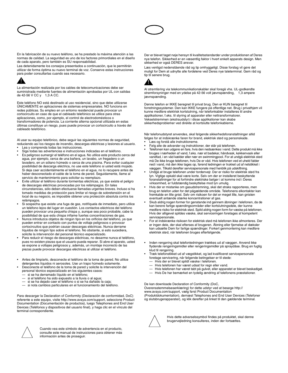 Modo de empleo, Mantenimiento, Declaración de conformidad | Vigtige sikkerhedsinstruktioner for brugeren, Brug, Vedligeholdelse, Overensstemmelseserklæring, Gem disse instruktioner, Atención, Advarsel | Avaya 555-233-168 User Manual | Page 3 / 14