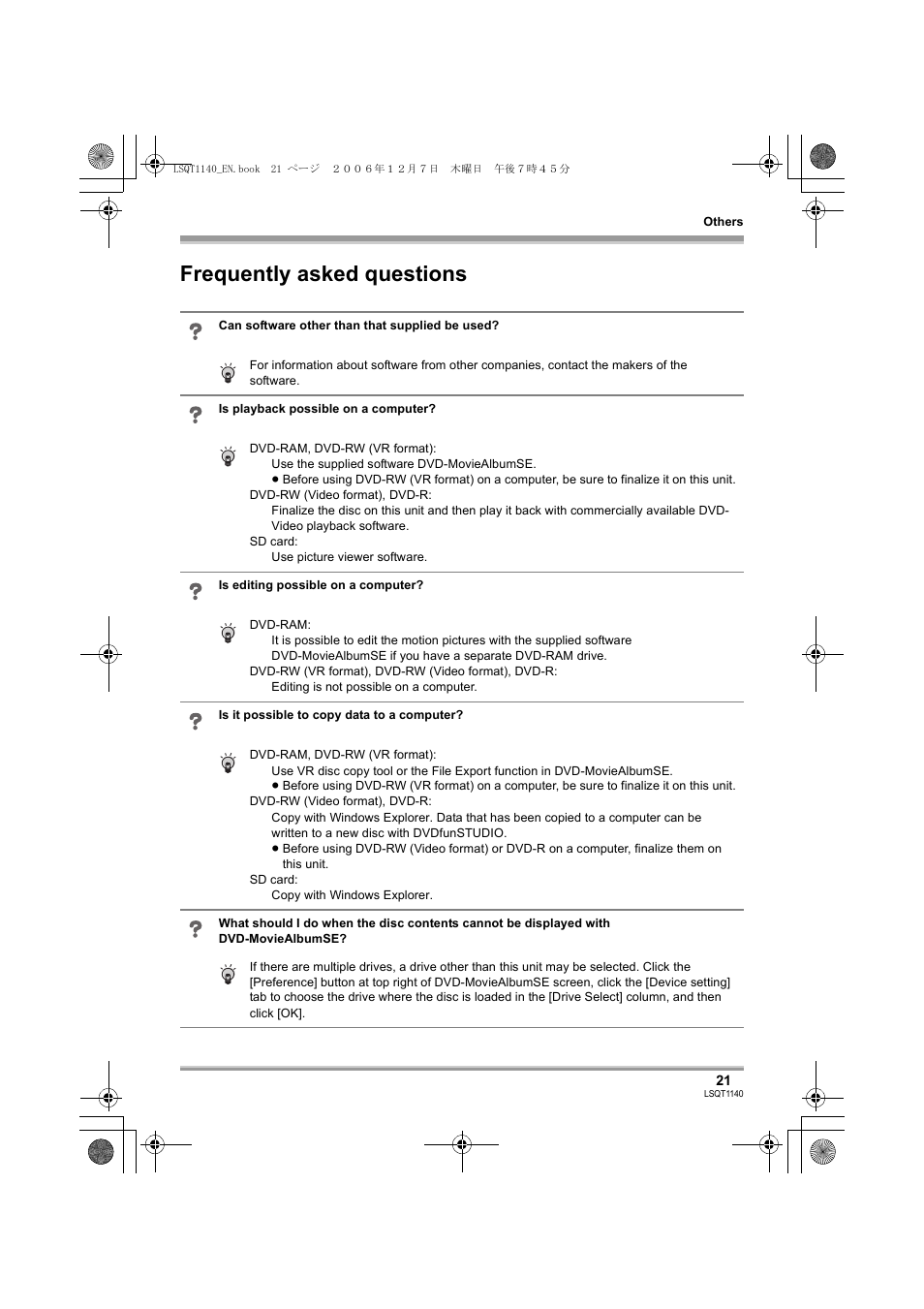 Frequently asked questions | Panasonic VDRD310EP User Manual | Page 21 / 100