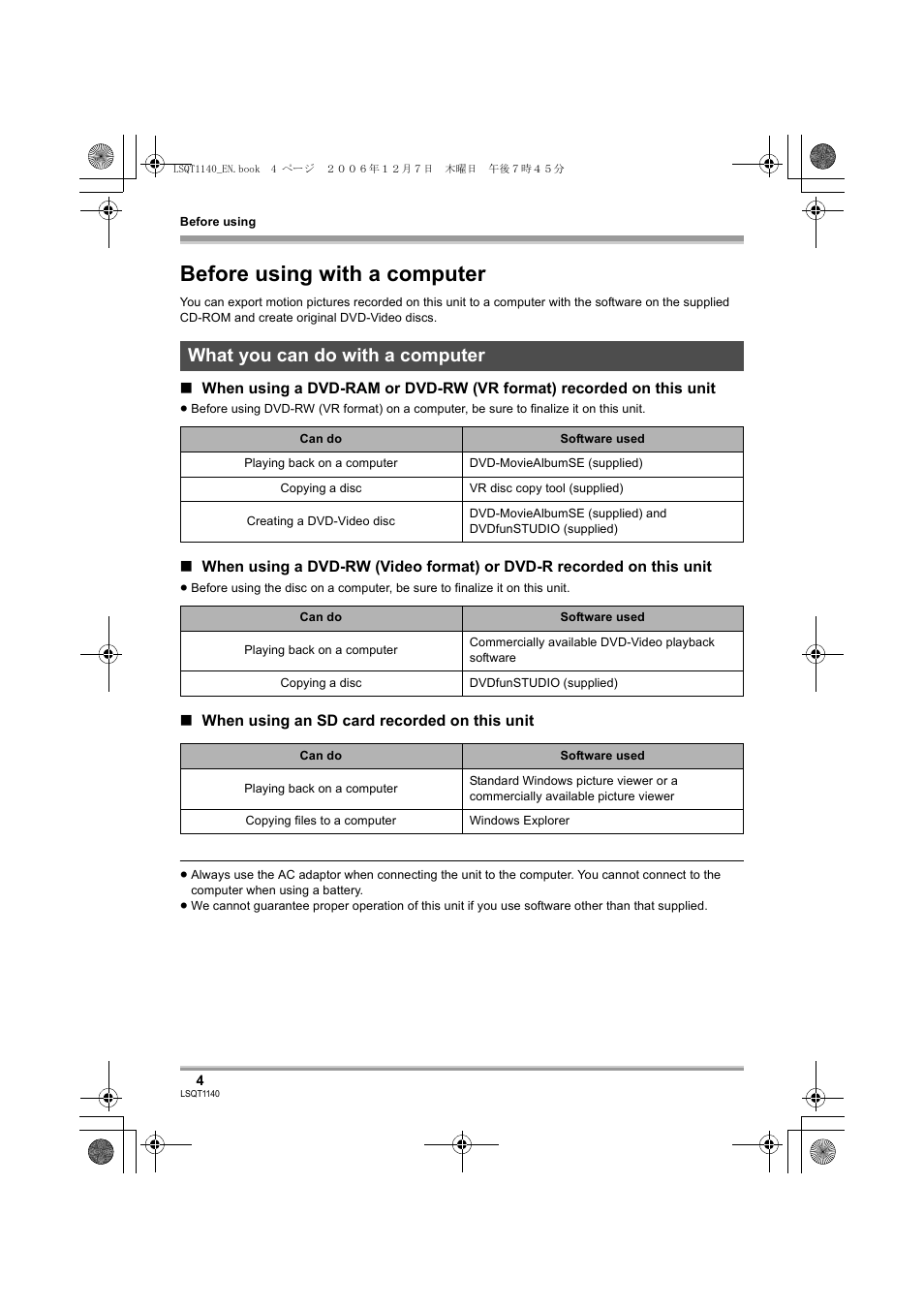 Before using with a computer, What you can do with a computer | Panasonic VDRD310EP User Manual | Page 4 / 100