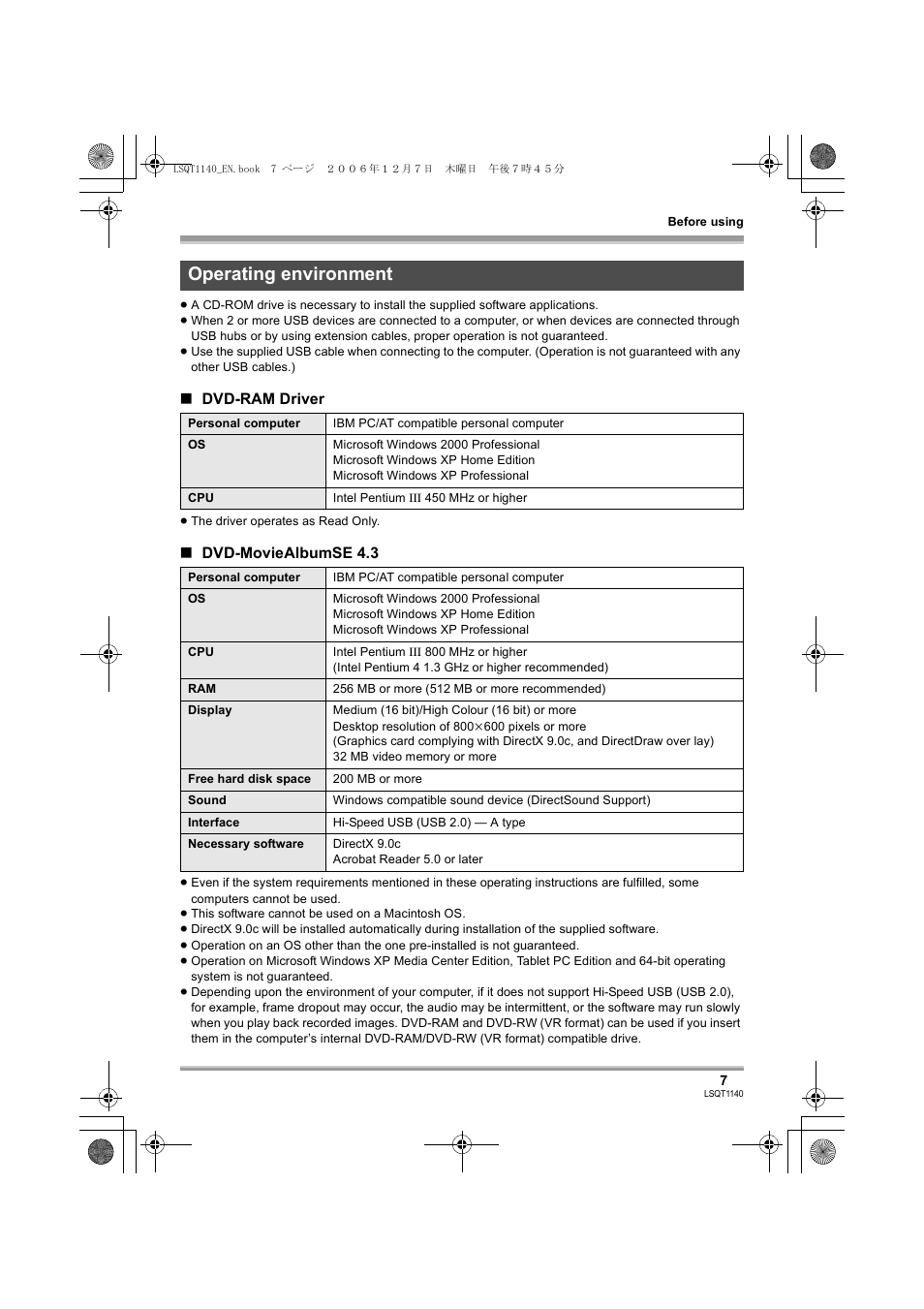 Operating environment | Panasonic VDRD310EP User Manual | Page 7 / 100