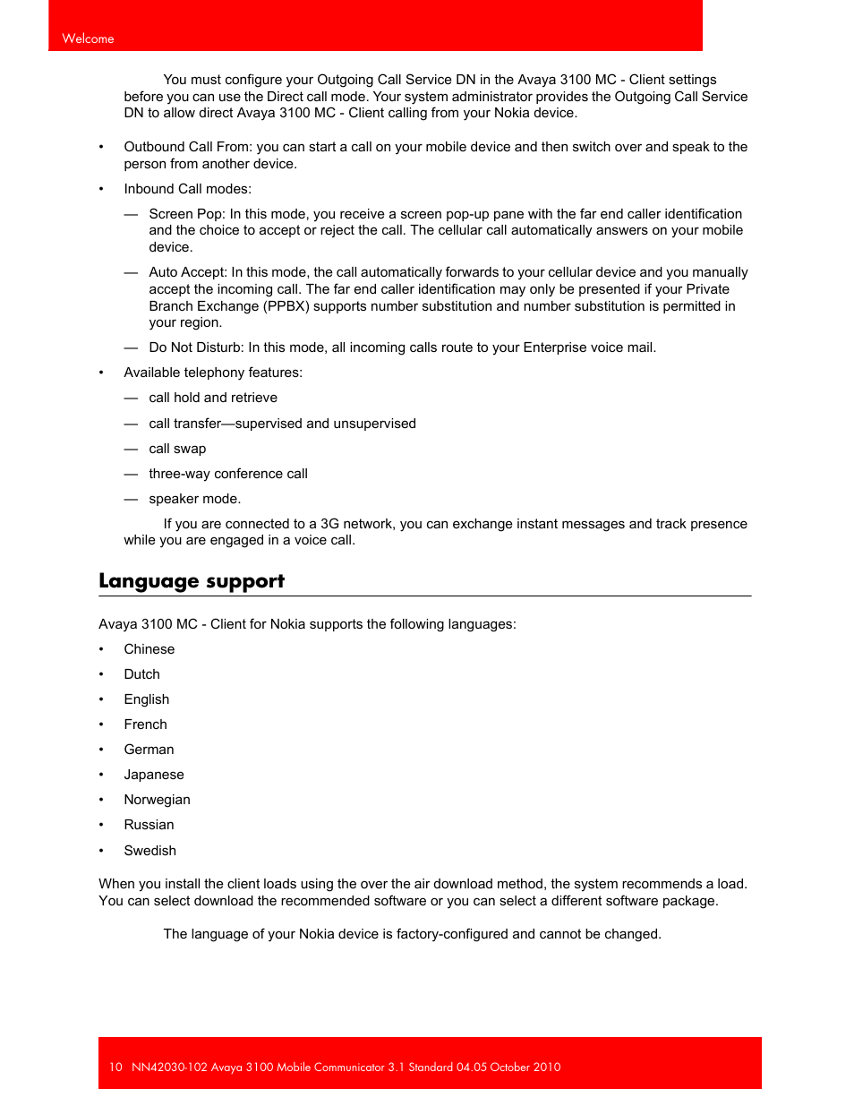 Language support | Avaya NN42030-102 User Manual | Page 10 / 60