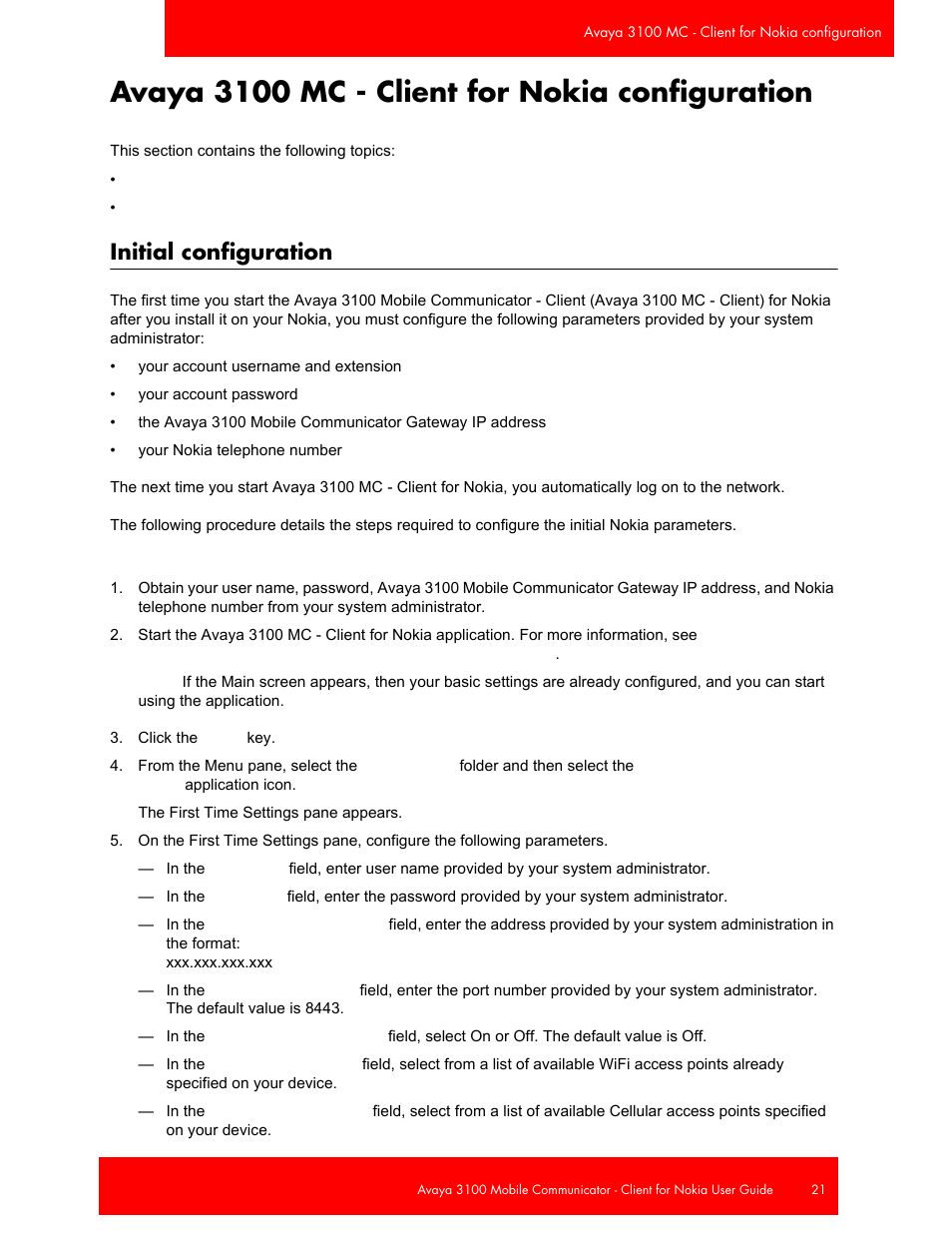 Avaya 3100 mc - client for nokia configuration, Initial configuration | Avaya NN42030-102 User Manual | Page 21 / 60