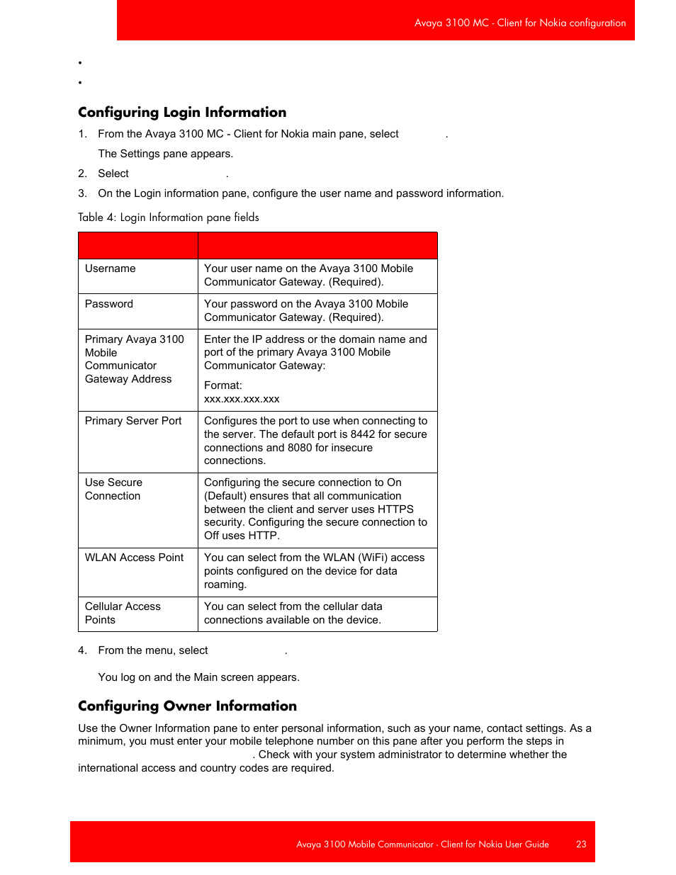 Configuring login information, Configuring owner information | Avaya NN42030-102 User Manual | Page 23 / 60