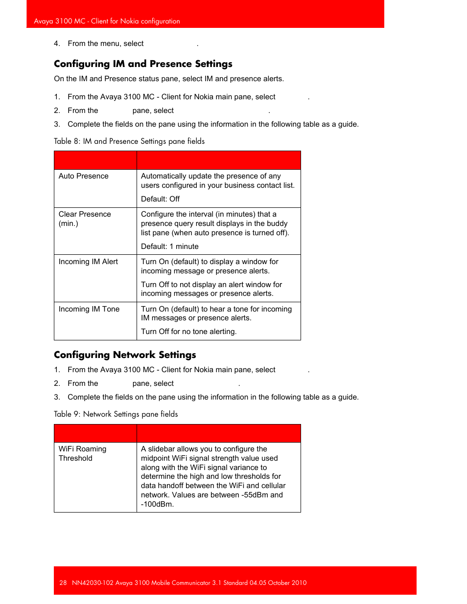 Configuring im and presence settings, Configuring network settings | Avaya NN42030-102 User Manual | Page 28 / 60