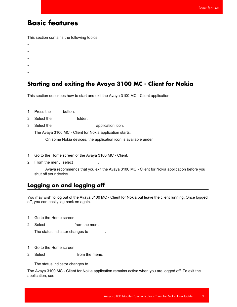 Basic features, Logging on and logging off, Starting and | Avaya NN42030-102 User Manual | Page 31 / 60