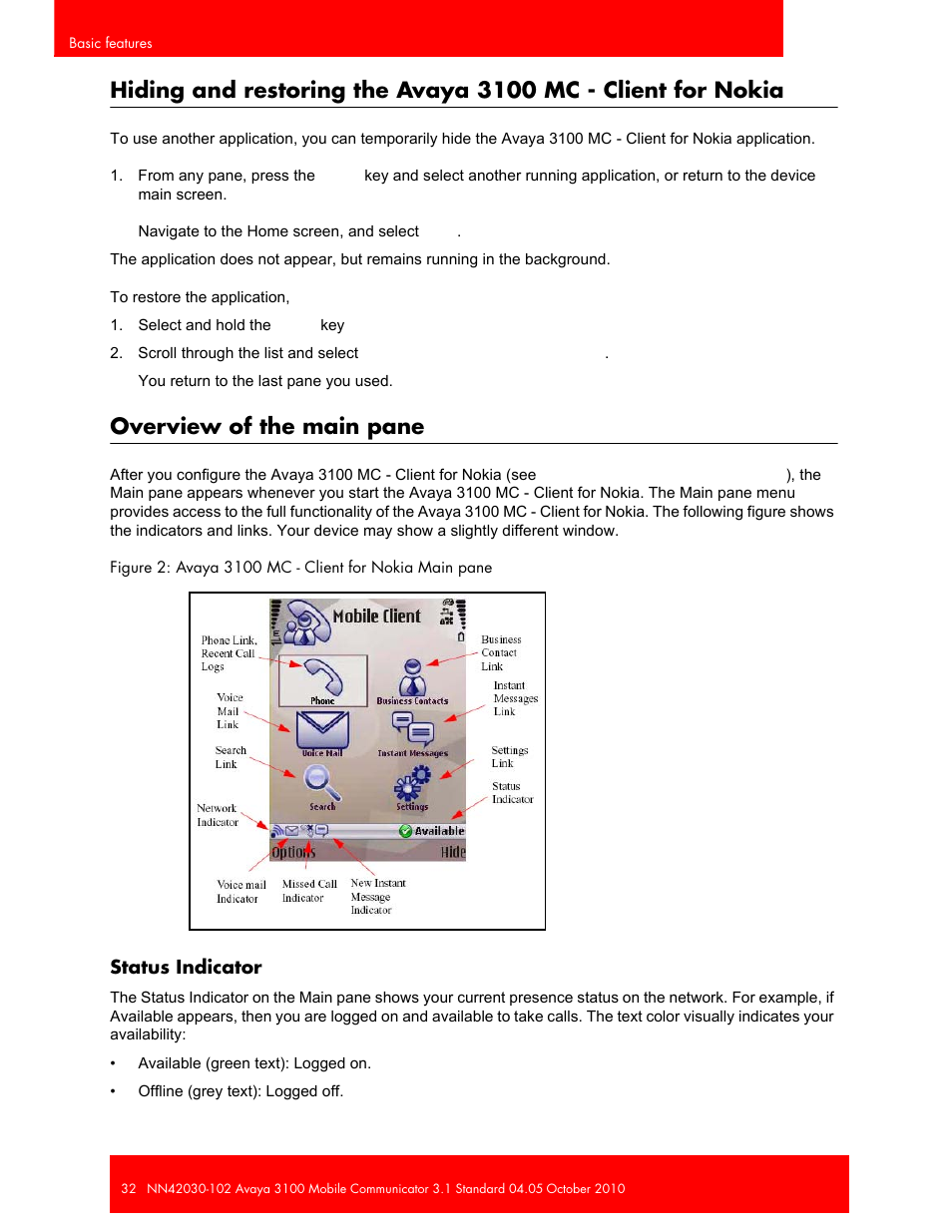 Overview of the main pane, Status indicator | Avaya NN42030-102 User Manual | Page 32 / 60