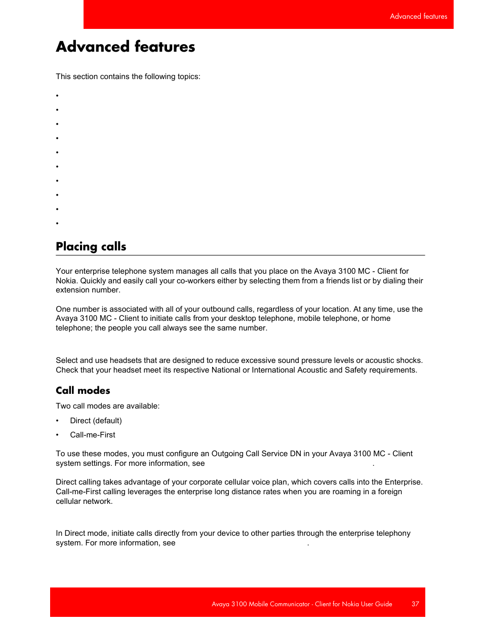 Advanced features, Placing calls, Call modes | Avaya NN42030-102 User Manual | Page 37 / 60