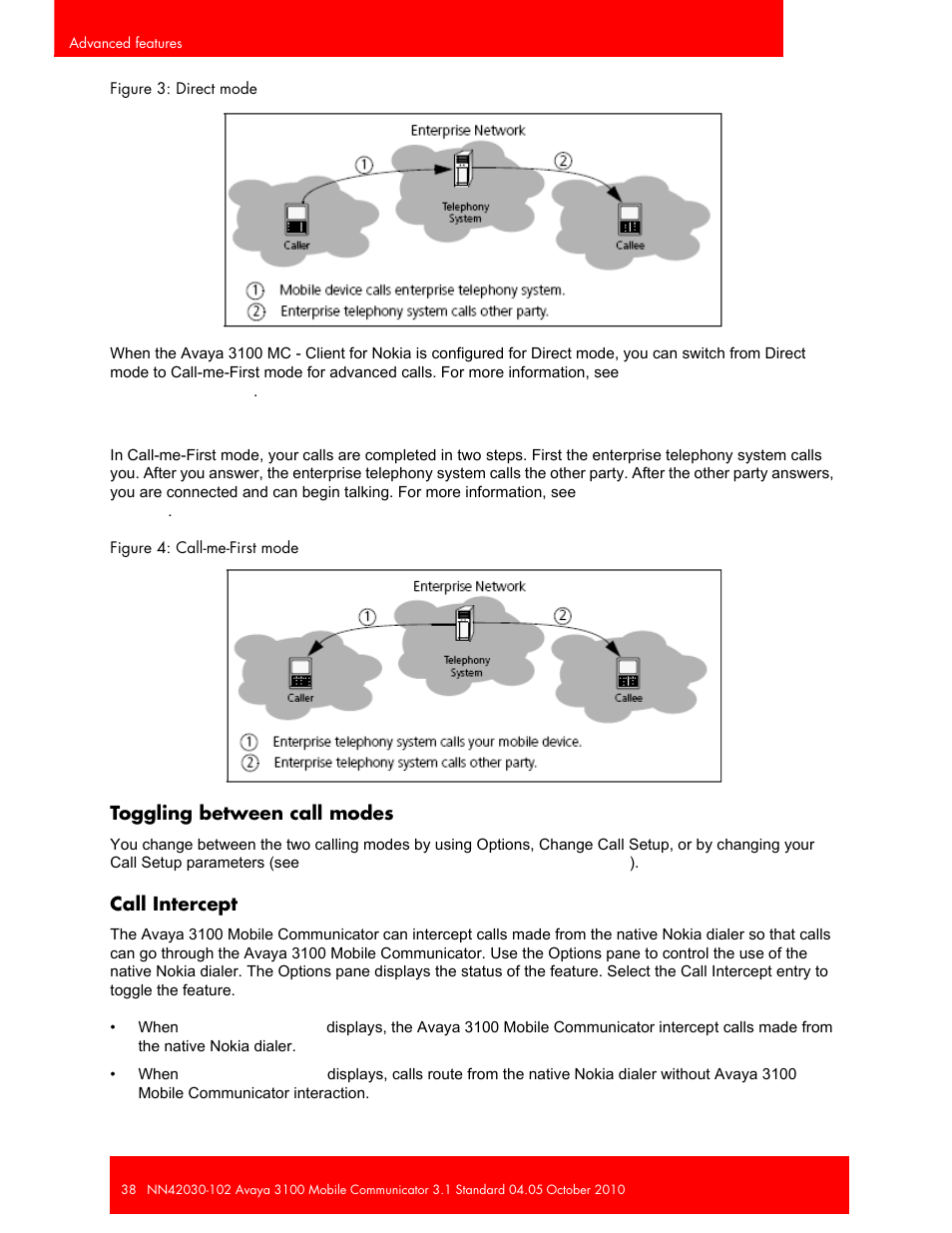 Toggling between call modes, Call intercept, Toggling between call modes call intercept | Avaya NN42030-102 User Manual | Page 38 / 60