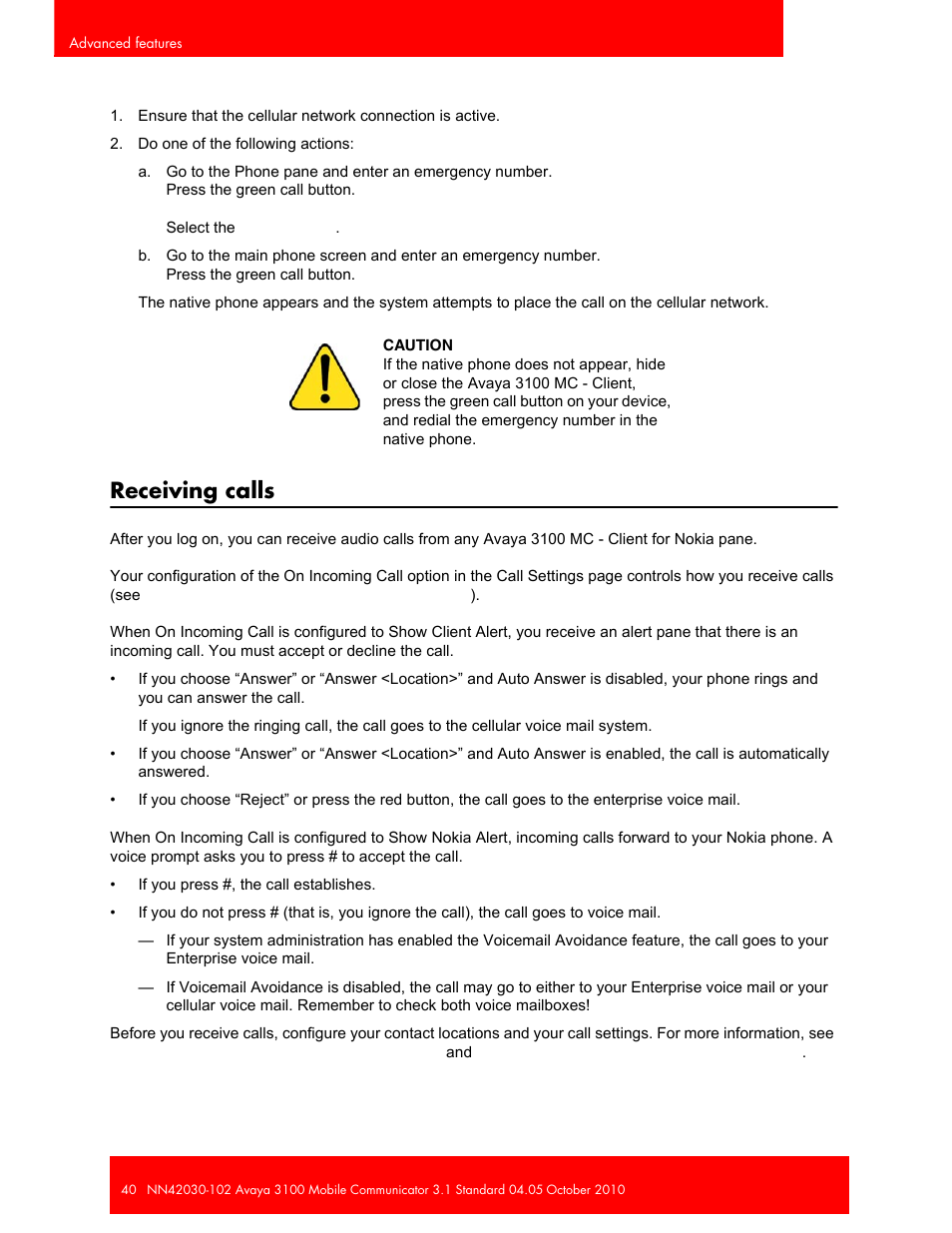 Receiving calls | Avaya NN42030-102 User Manual | Page 40 / 60