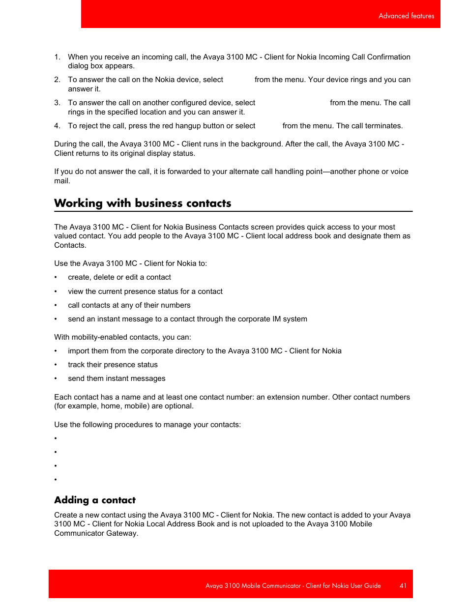 Working with business contacts, Adding a contact | Avaya NN42030-102 User Manual | Page 41 / 60