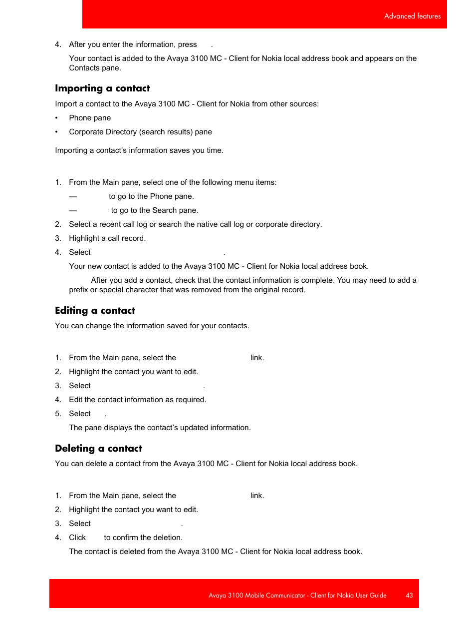 Importing a contact, Editing a contact, Deleting a contact | Avaya NN42030-102 User Manual | Page 43 / 60