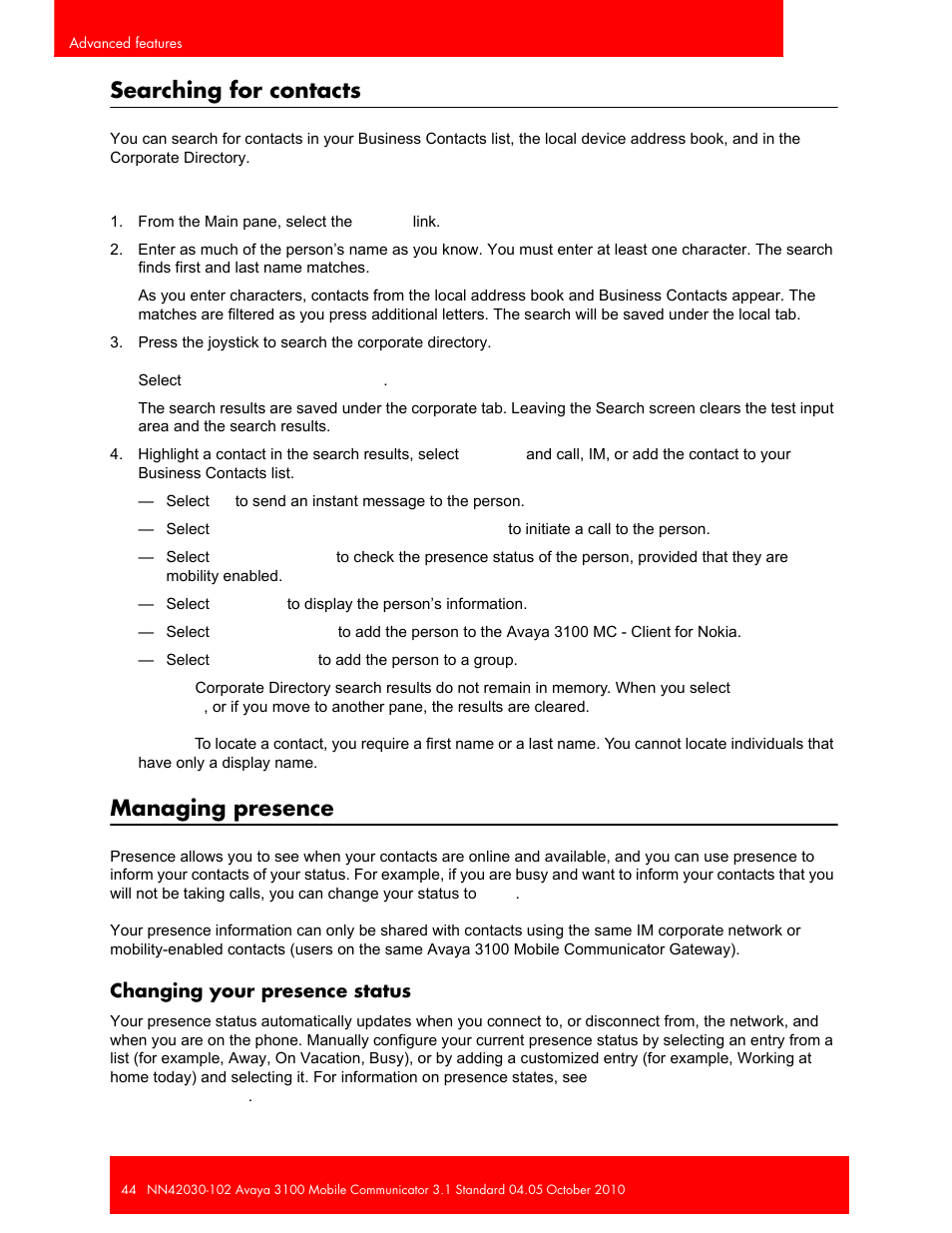 Searching for contacts, Managing presence, Changing your presence status | Avaya NN42030-102 User Manual | Page 44 / 60