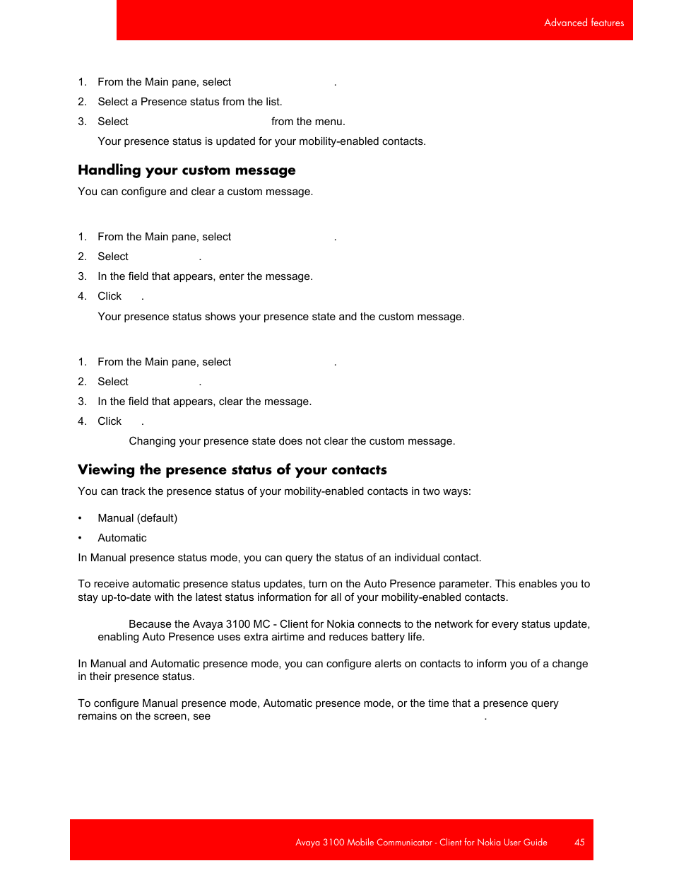 Handling your custom message, Viewing the presence status of your contacts | Avaya NN42030-102 User Manual | Page 45 / 60