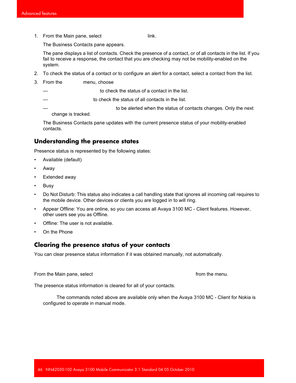 Understanding the presence states, Clearing the presence status of your contacts | Avaya NN42030-102 User Manual | Page 46 / 60