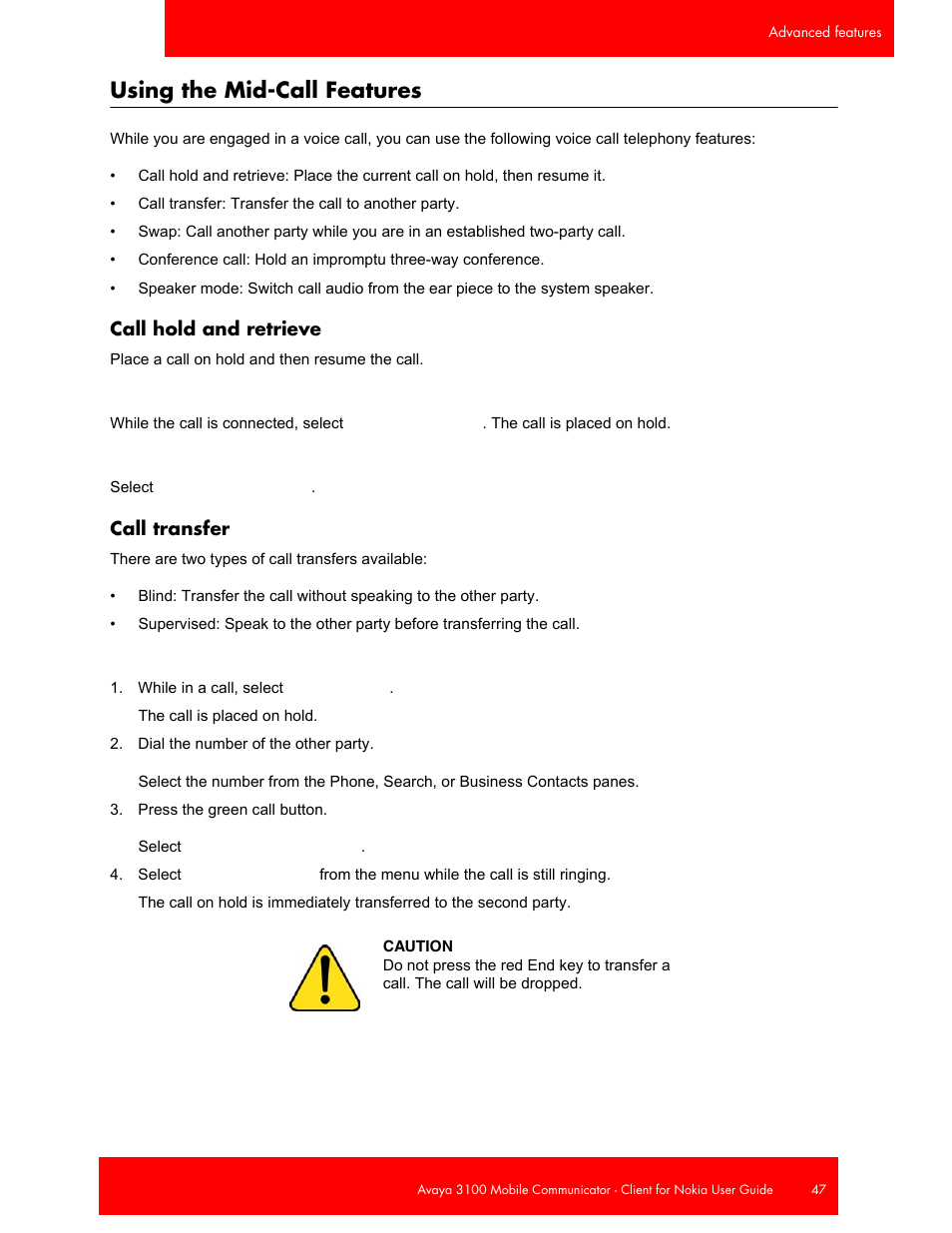 Using the mid-call features, Call hold and retrieve, Call transfer | Call hold and retrieve call transfer | Avaya NN42030-102 User Manual | Page 47 / 60