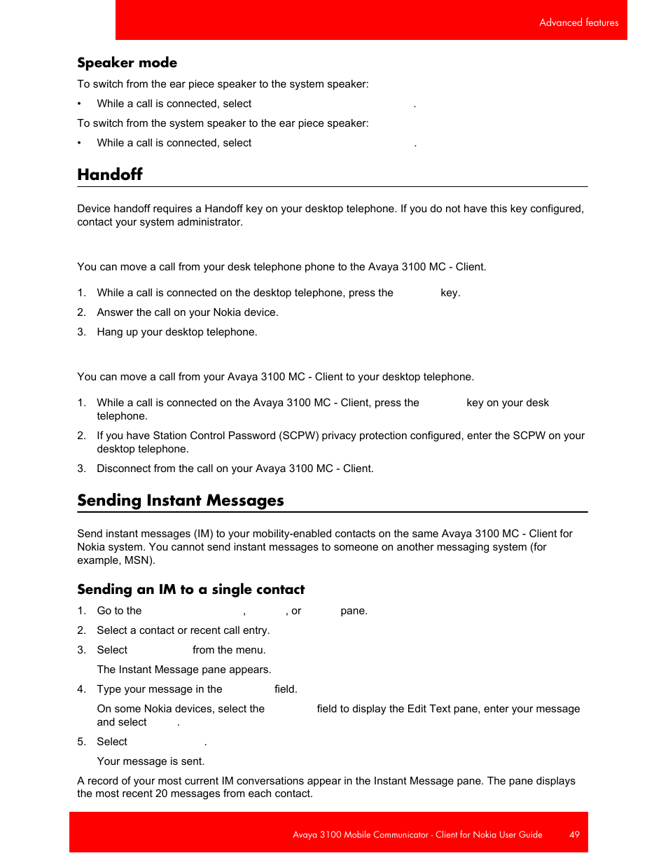 Speaker mode, Handoff, Sending instant messages | Sending an im to a single contact | Avaya NN42030-102 User Manual | Page 49 / 60