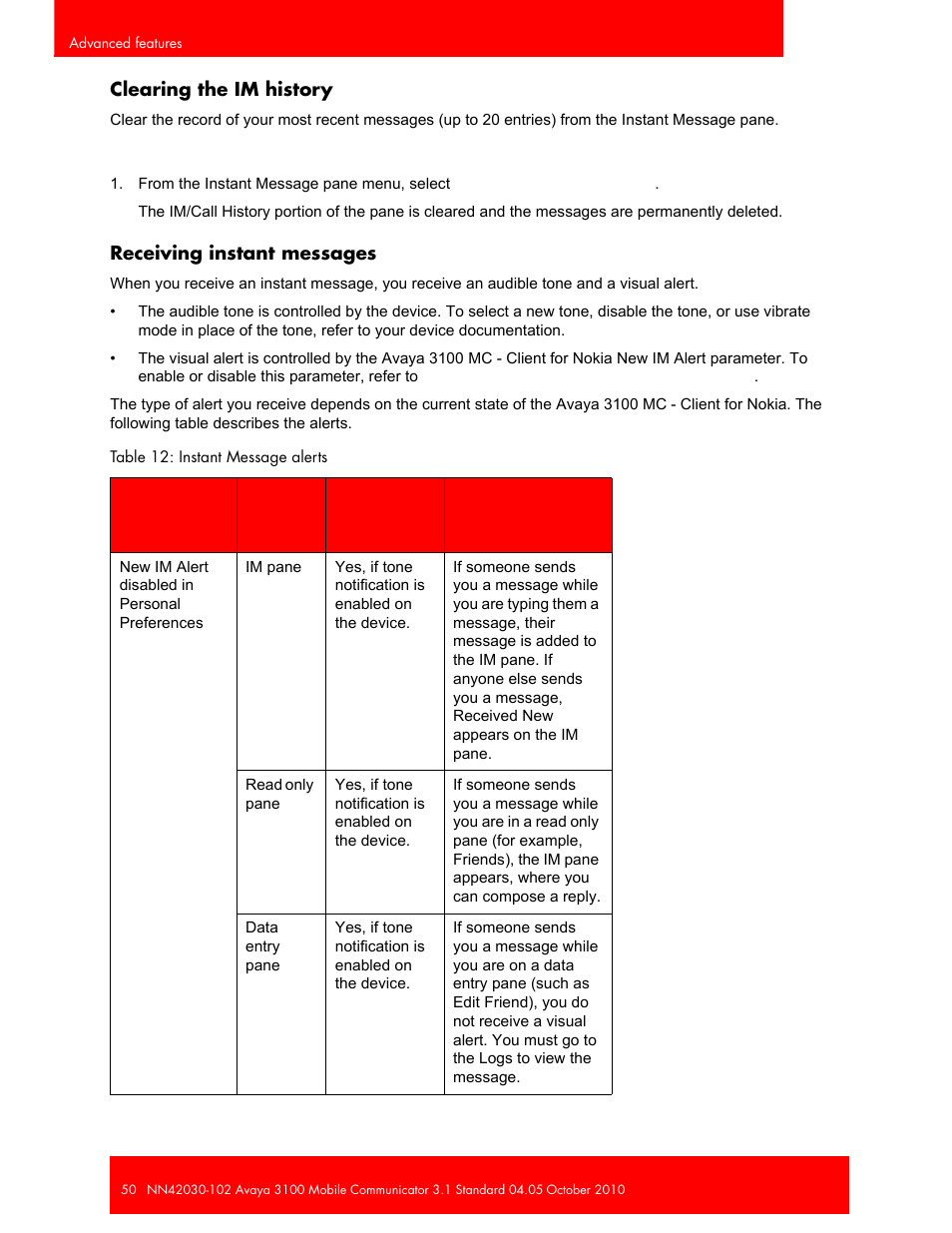 Clearing the im history, Receiving instant messages, Clearing the im history receiving instant messages | Avaya NN42030-102 User Manual | Page 50 / 60