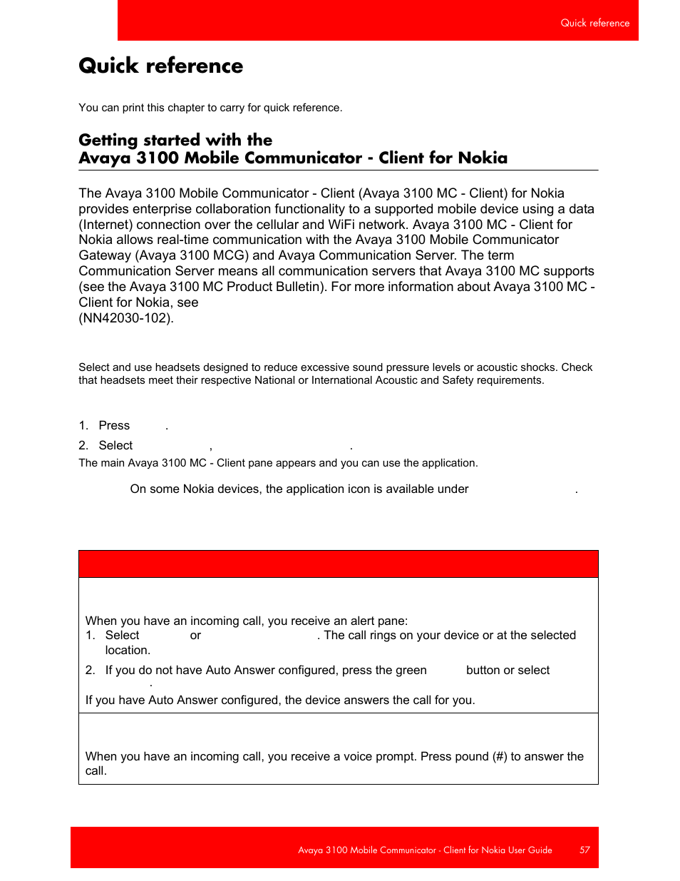 Quick reference, Starting the avaya 3100 mc - client | Avaya NN42030-102 User Manual | Page 57 / 60