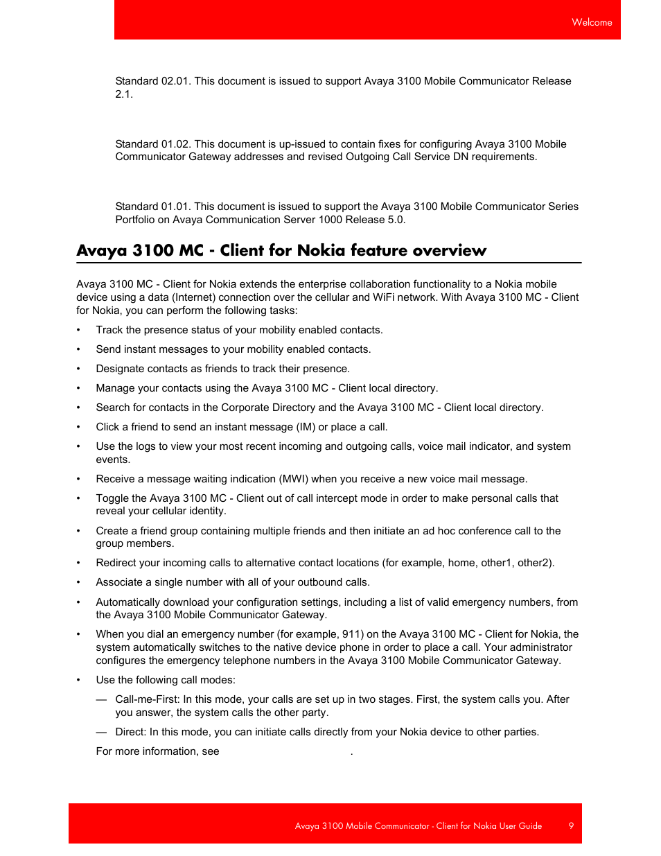 Avaya 3100 mc - client for nokia feature overview | Avaya NN42030-102 User Manual | Page 9 / 60