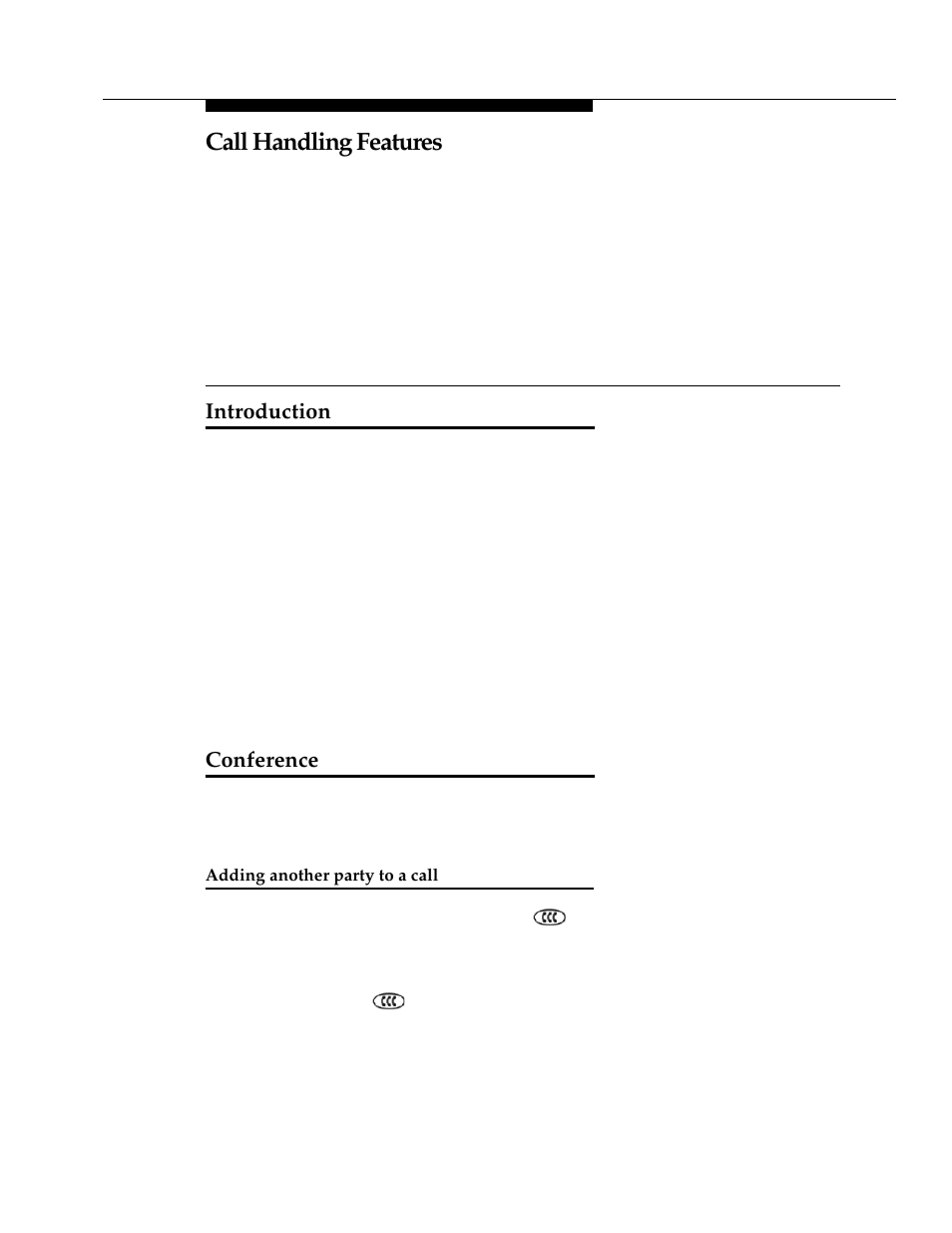 4 call handling features, Introduction, Conference | Adding another party to a call, Call handling features | Avaya DEFINITY 4606 User Manual | Page 21 / 60