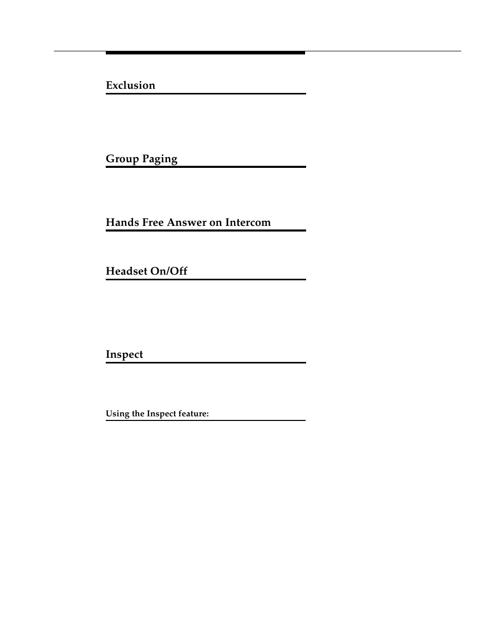 Exclusion, Group paging, Hands free answer on intercom | Headset on/off, Inspect, Using the inspect feature | Avaya DEFINITY 4606 User Manual | Page 35 / 60