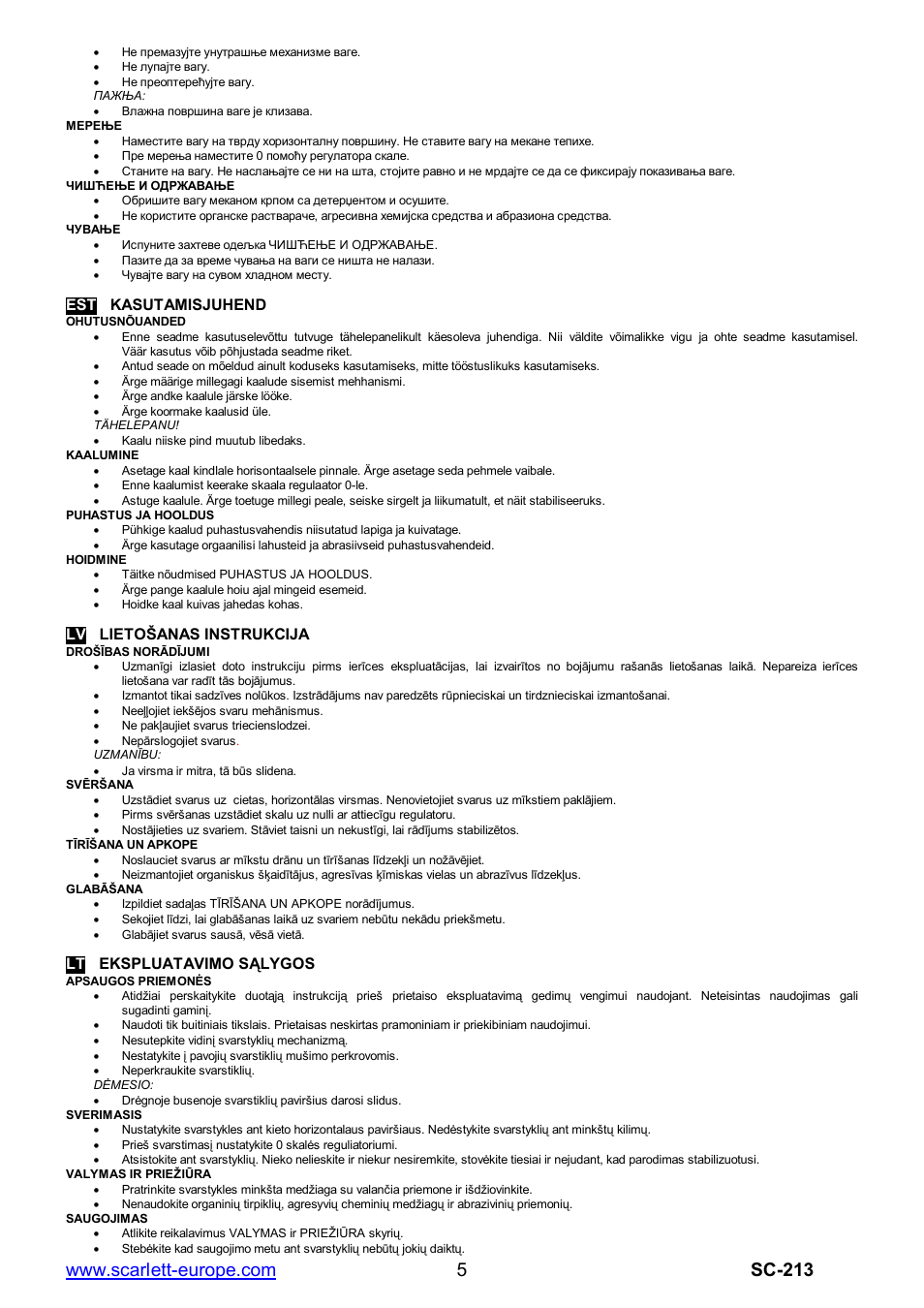 Est kasutamisjuhend, Lv lieto anas instrukcija, Lt ekspluatavimo s lygos | Scarlett SC-213 User Manual | Page 5 / 6