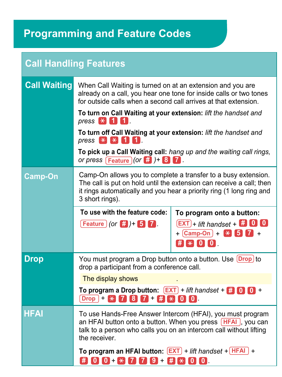 Programming and feature codes, Call handling features, Call waiting | Camp-on, Drop, Hfai, Programming and, Feature codes, Drop hfai | Avaya 4424LD+ User Manual | Page 10 / 24